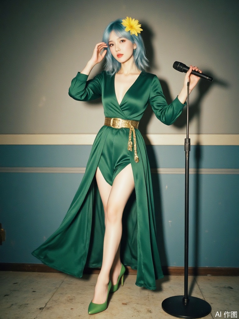Create an illustration of a beautiful woman with blue hair adorned with a yellow flower. She has a perfect figure, wearing a green dress with a high slit and a unique design. A golden belt with a dangling pendant accentuates her waist. The dress flows as if caught in a gentle breeze. Her left hand gracefully touches her hair, while her right hand holds a microphone on a stand. She wears green high - heeled shoes, with smooth and natural leg lines. The background adopts a film photography style, with soft lighting and a slight grainy texture, creating a retro and warm atmosphere. The color palette is dominated by blue and green, with golden accents, exuding elegance and mystery.
