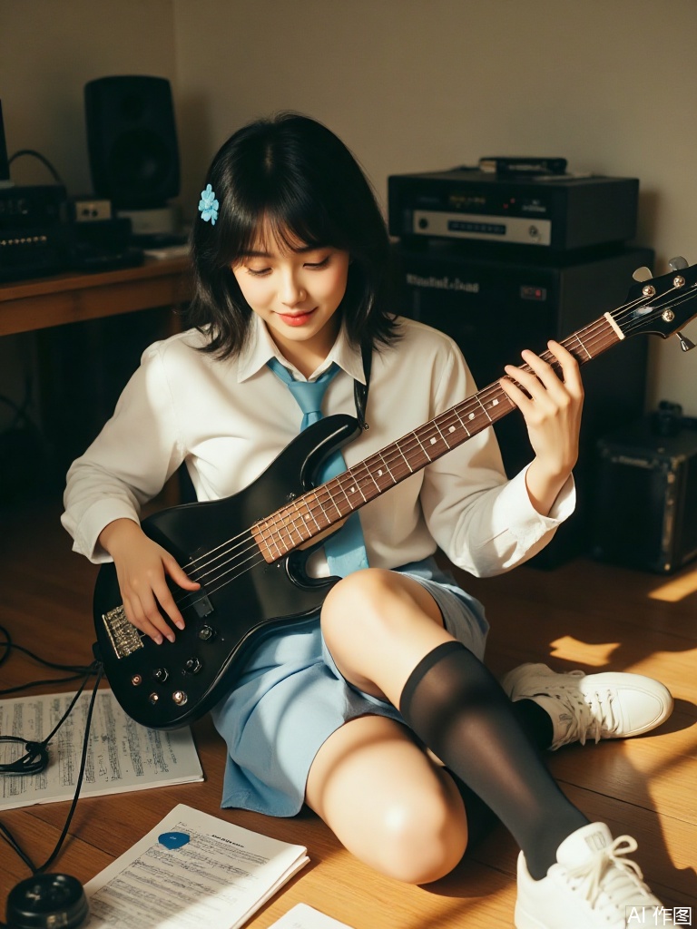 Create a photo of a beautiful woman with black hair and perfect figure in a film photography style. She is sitting on the floor, playing a black bass guitar. Wearing a white shirt with a blue tie, a blue skirt, black knee-high socks and white sneakers. A blue hairpin adorns her hair, and she has a pair of headphones around her neck. In her left hand, she holds a blue guitar pick. Her expression is gentle and focused, with a slight smile, looking at the guitar. Around her are scattered music sheets, cables and audio equipment. Golden sunlight streams in through the window, casting dynamic shadows on the floor. The atmosphere is warm and cozy, exuding a sense of passion for music.
