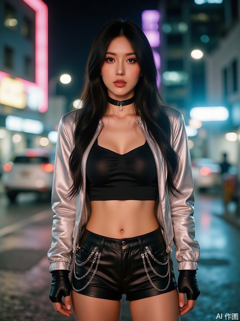 Create a film-style photo of a beautiful woman with long black hair and brown eyes. She has a perfect figure and is standing in front of a vibrant neon-lit cityscape at night. She wears a shiny silver jacket over a black latex crop top, paired with black leather shorts featuring silver chains. A black choker with a pendant adorns her neck, and she has matching black fingerless gloves. Her expression is cool and confident. The lighting is dramatic with neon colors reflecting off her outfit. The atmosphere captures the energy of a bustling cyberpunk nightlife. 
