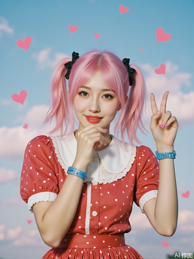 Create a film-style photo of a beautiful woman with pink hair styled in twin tails, adorned with heart-shaped accessories and a black bow. She wears a playful outfit featuring a red and white polka-dotted top with puffy sleeves and a frilly collar, paired with a matching skirt. Her nails are painted in vibrant colors, and she wears blue bracelets on her wrist. She strikes a cheerful pose with one hand raised, making a peace sign. Her expression is lively and inviting, with a bright smile. Floating heart graphics surround her, adding to the whimsical atmosphere. The background is a soft, gradient sky in light blue and pink hues. Soft, natural lighting highlights her features and the textures of her clothing, creating a warm and joyful mood.
