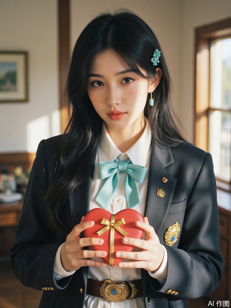Create an illustration of a beautiful woman with long black hair adorned with teal accessories. She wears a refined uniform-style coat over a white shirt, tied with a teal bow at the collar, a golden belt with a blue gemstone at her waist, and a golden badge on her chest. Her hands gently cradle a red heart-shaped box tied with a golden ribbon. She has a tender and shy expression, with a slight blush on her cheeks as she looks down at the box. The background is a bright indoor setting with sunlight streaming through windows, creating a warm and soft atmosphere. The overall image adopts a film photography style with natural lighting, slight graininess, and a color palette of warm tones accented by teal and gold from her outfit, evoking a cozy and romantic mood.

