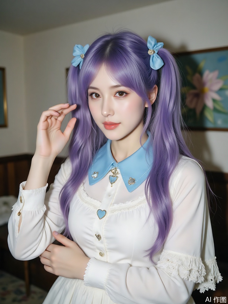 Create a film-style photo of a beautiful woman with a perfect figure. She has long purple hair styled in twin tails with blue ribbons. Wearing a white dress with blue heart-shaped accessories, a blue collar with heart charms, and a white frilly cape. She makes a playful gesture with her hand near her face. The background is simple and indoor with soft lighting that highlights her features and the textures of her clothing. The atmosphere is whimsical yet elegant.
