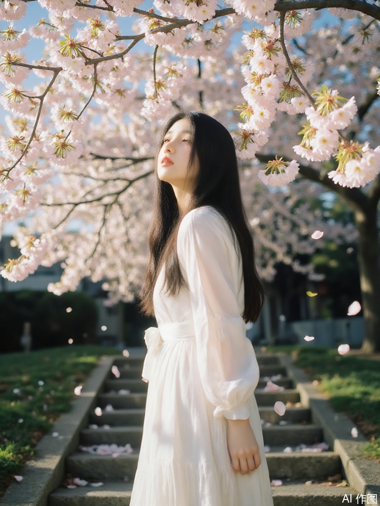 Create a cinematic, high-resolution anime-style illustration of a graceful woman with long, straight black hair standing on stone steps beneath a canopy of blooming cherry blossom trees. She is dressed in a soft white pleated midi dress with sheer sleeves and a ribbon belt, evoking elegance and seasonal charm. Her posture is relaxed yet intentional—head tilted upward at a 45-degree angle, eyes half-closed, as if savoring the scent of spring air. Her hair catches the light and sways slightly in the breeze.

Around her, countless cherry petals drift gently through the air, some caught mid-fall in sharp focus, others blurred to create depth. Above, shafts of sunlight pierce through the flowering branches, creating a Tyndall effect with luminous streaks of golden light and subtle shadows on her face and shoulders. The stone steps beneath her are worn and moss-edged, adding texture and a touch of realism.

Use a soft, warm color palette with pastel pinks, creamy whites, natural greens, and golden highlights. Apply a shallow depth of field to keep the focus on her face while the background softly blurs into layered bokeh of blossoms and foliage. Add slight film grain and lens flare for a photographic, dreamy quality. The atmosphere should feel poetic and ethereal, like a fleeting, sacred moment captured on film.