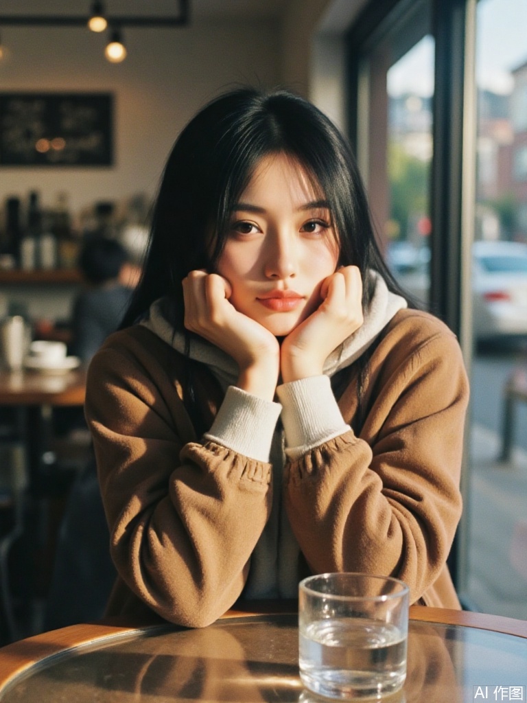 a beautiful black-haired woman with a perfect figure, sitting quietly in a sunlit cafe, resting her chin on her hands, gazing thoughtfully out the window with a soft, melancholic expression, wearing a brown oversized jacket and a light gray hoodie, straight silky black hair with natural shine falling around her cheeks, subtle makeup with warm undertones, soft natural lighting casting gentle shadows on her face, reflections on the glass table with a half-full cup of water in the foreground, bokeh background with soft pastel tones, film photography style, Portra 400 color palette, shot on a 50mm lens, shallow depth of field, cinematic framing, nostalgic and emotional atmosphere