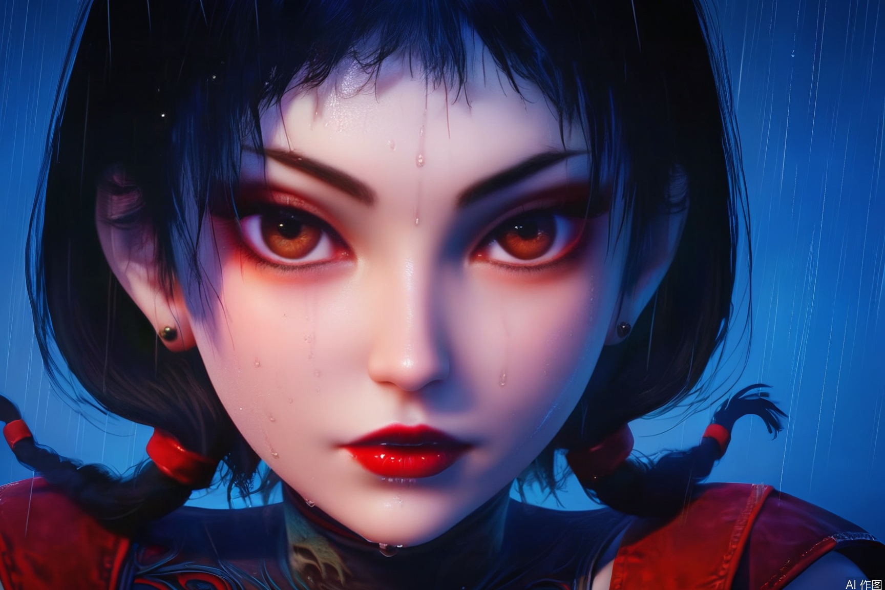 score_9, score_8_up, score_7_up,highly detailed digital,CG,realistic,
1girl, solo, brown eyes, black hair, short_hair,makeup,lipstick,stud earrings,,red lips,wet,blue background,portrait,close-up,rain,dark,midnight,