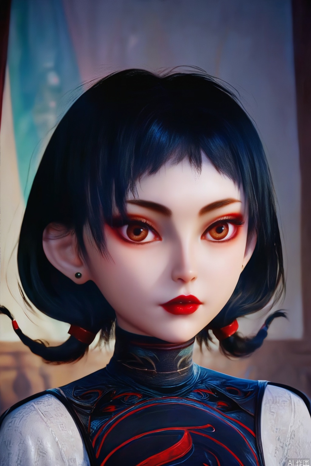 score_9, score_8_up, score_7_up,highly detailed digital,CG,realistic,
1girl, solo, brown eyes, black hair, short_hair,makeup,lipstick,stud earrings,,red lips