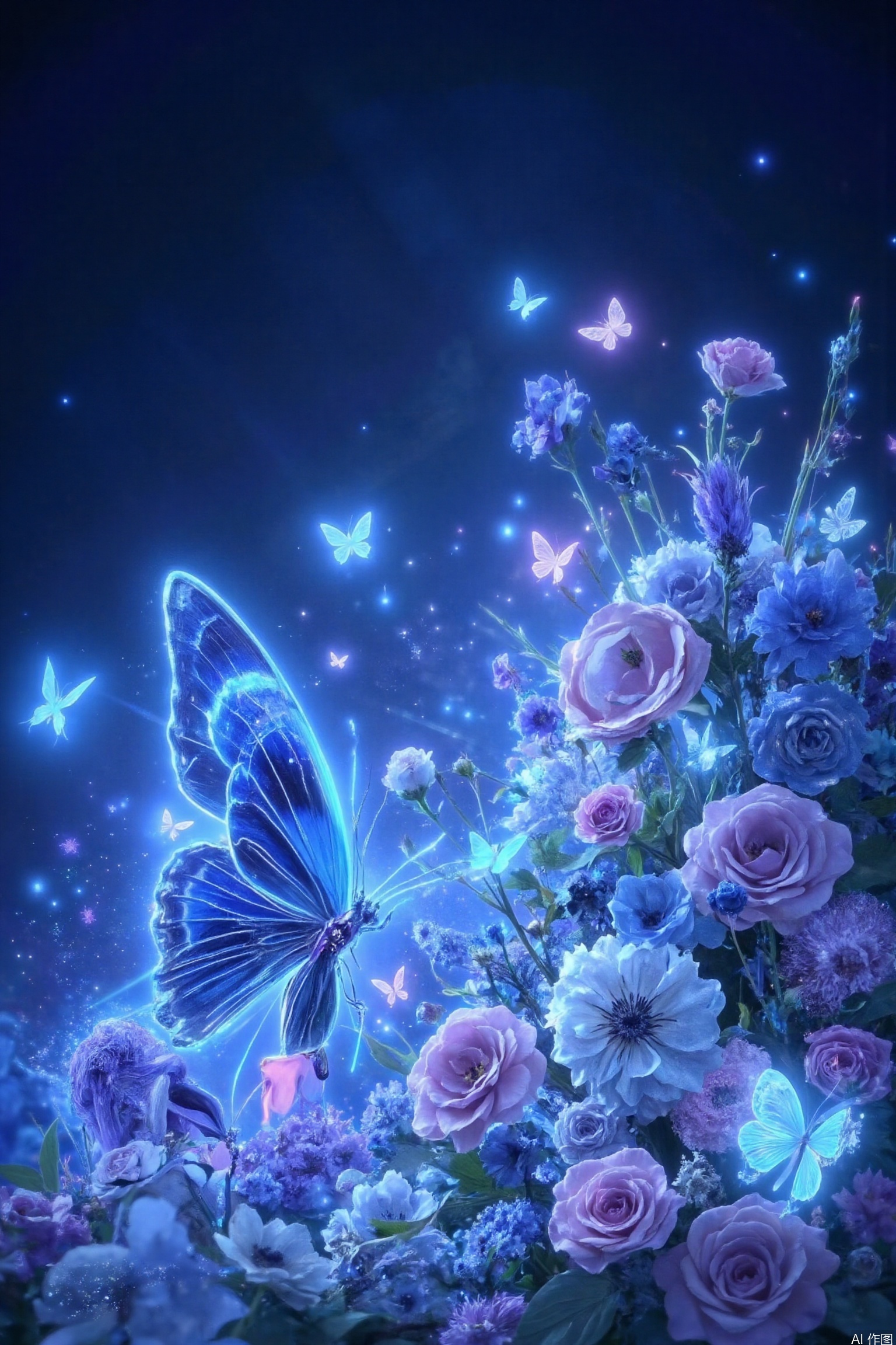 This image depicts a vibrant and ethereal scene, full of all kinds of flowers and butterflies. Flowers are mainly blue and pink, creating a dreamy and magical atmosphere. Butterflies are scattered throughout the scene, and a big blue butterfly is highlighted on the left, surrounded by smaller pink and blue butterflies. The background is dark, which enhances the luminous quality of flowers and butterflies. There are also small luminous particles floating around, adding a magical atmosphere. The whole composition is lush and full of fantasy, and there is a girl sitting in this background, which gives people a feeling of surprise and tranquility.