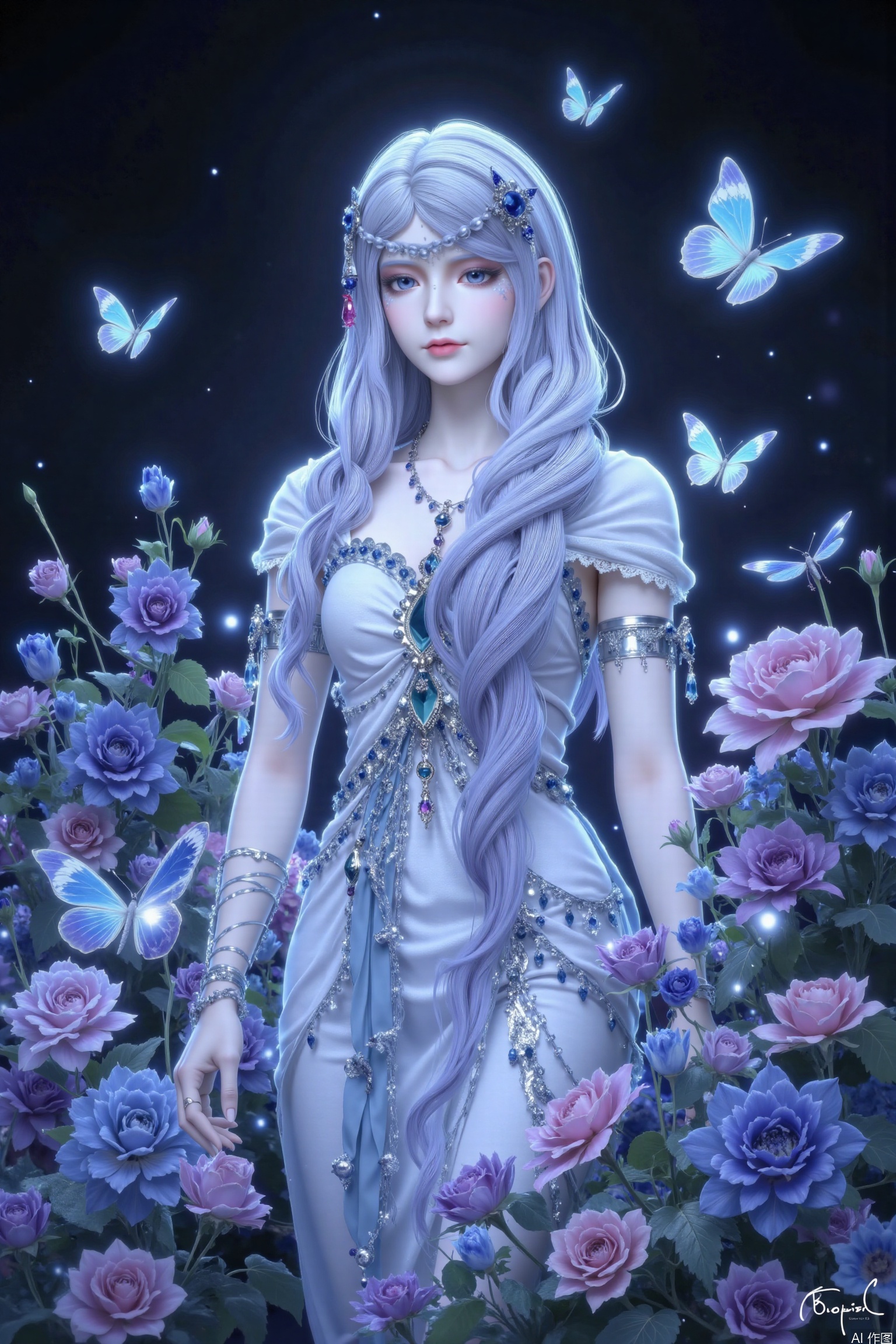 This painting depicts a quiet and ethereal scene, in which a young woman is surrounded by vibrant flowers and flying butterflies. This lady has long flowing white hair and is decorated with bows. Her dress is luxuriantly decorated and features complicated silver details. The background is dark, and small luminous spheres are scattered everywhere, which enhances the magical atmosphere. These flowers are a mixture of blue, pink and purple, creating a harmonious color mixture. Various shades of blue and pink butterflies add movement and vitality to the work.