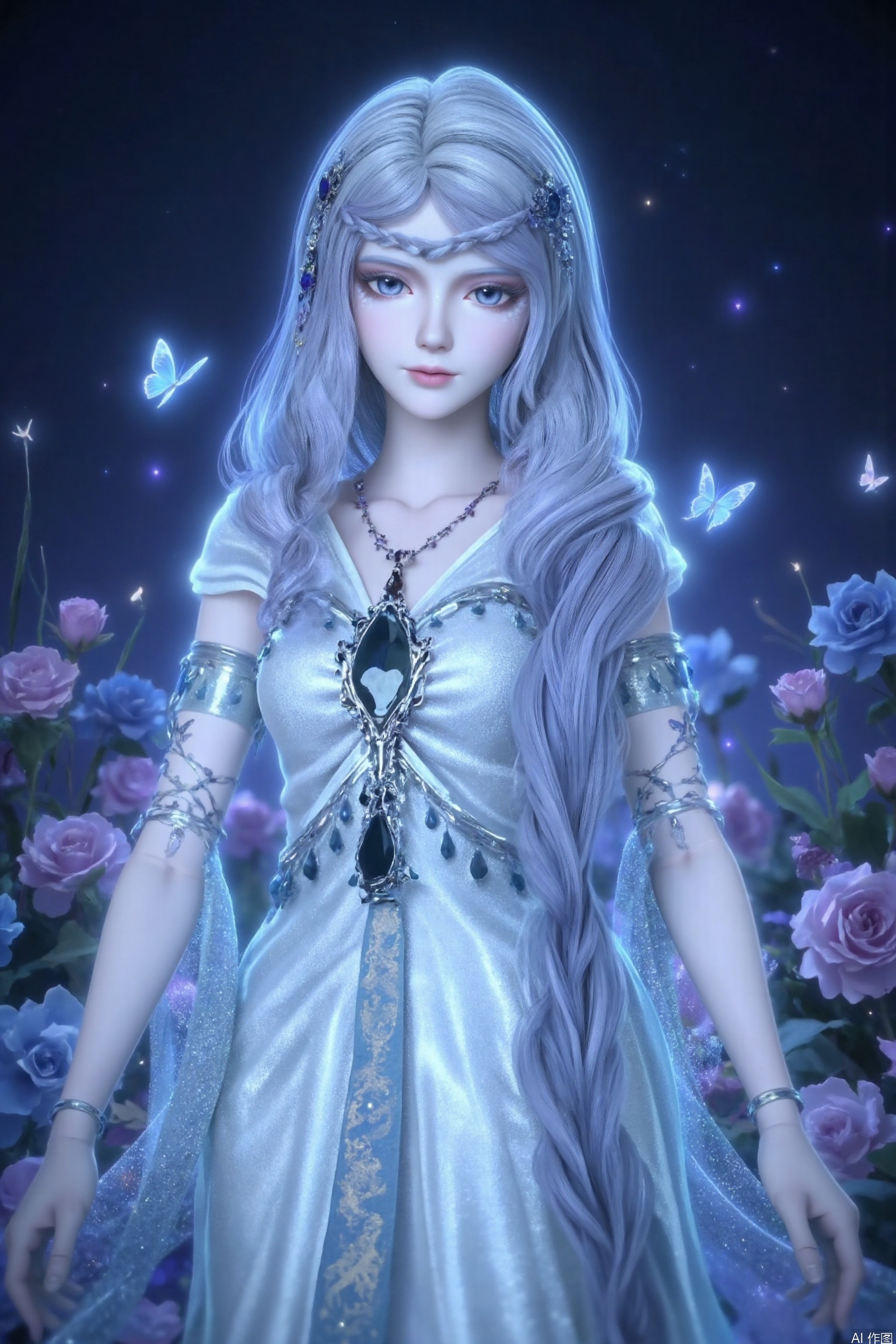 This painting depicts a quiet and ethereal scene, in which a young woman is surrounded by vibrant flowers and flying butterflies. This lady has long flowing white hair and is decorated with bows. Her dress is luxuriantly decorated and features complicated silver details. The background is dark, and small luminous spheres are scattered everywhere, which enhances the magical atmosphere. These flowers are a mixture of blue, pink and purple, creating a harmonious color mixture. Various shades of blue and pink butterflies add movement and vitality to the work.