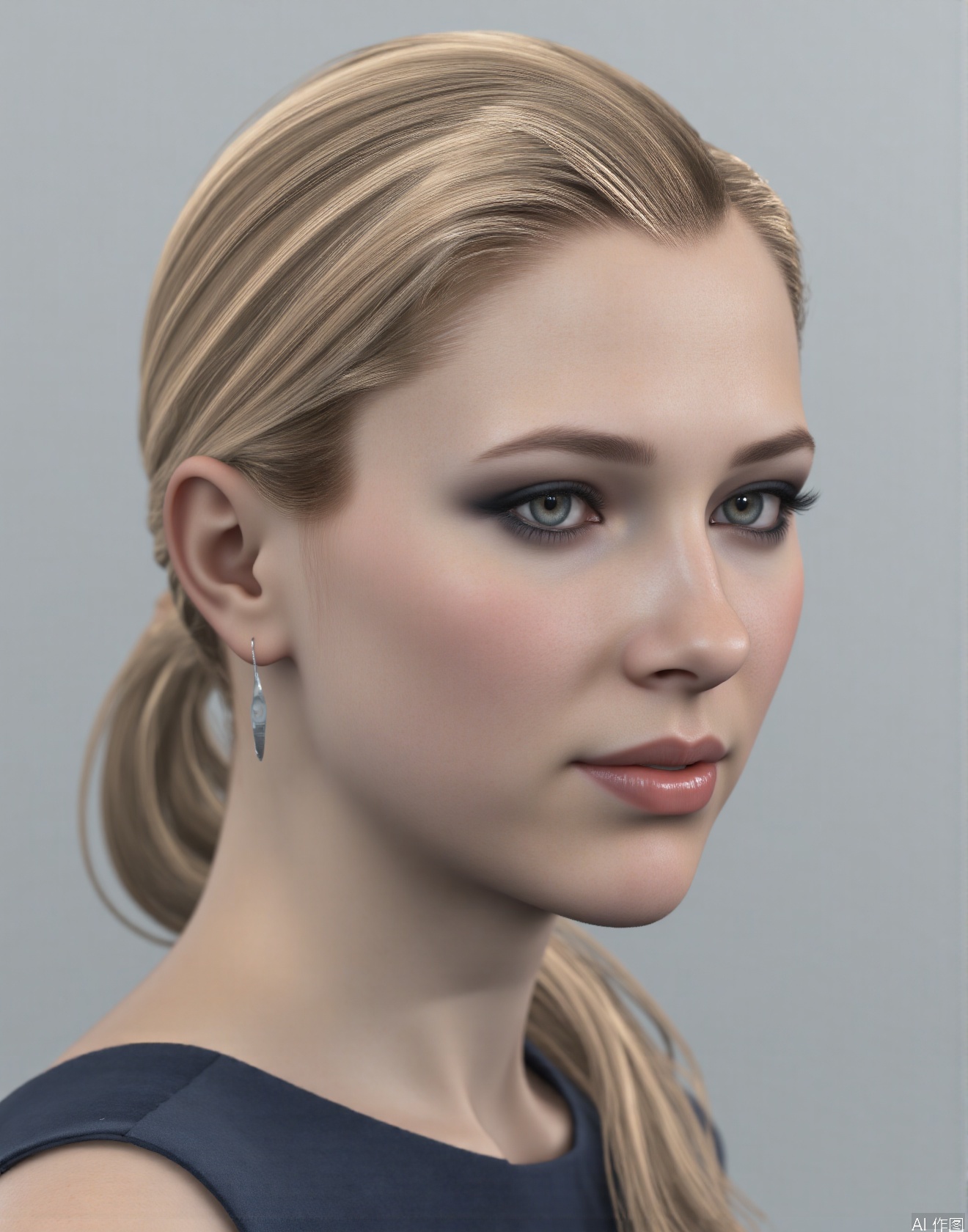 This is Chloe. She has a neatly - arranged golden ponytail with shiny hair. Her makeup is exquisite, with deep - set eyes and naturally - colored lips. There is a light - blue circular switch button on her left temple, exuding a sense of technology.,Biomimetic robot,DTL,light blue circular button,looking_at_viewer