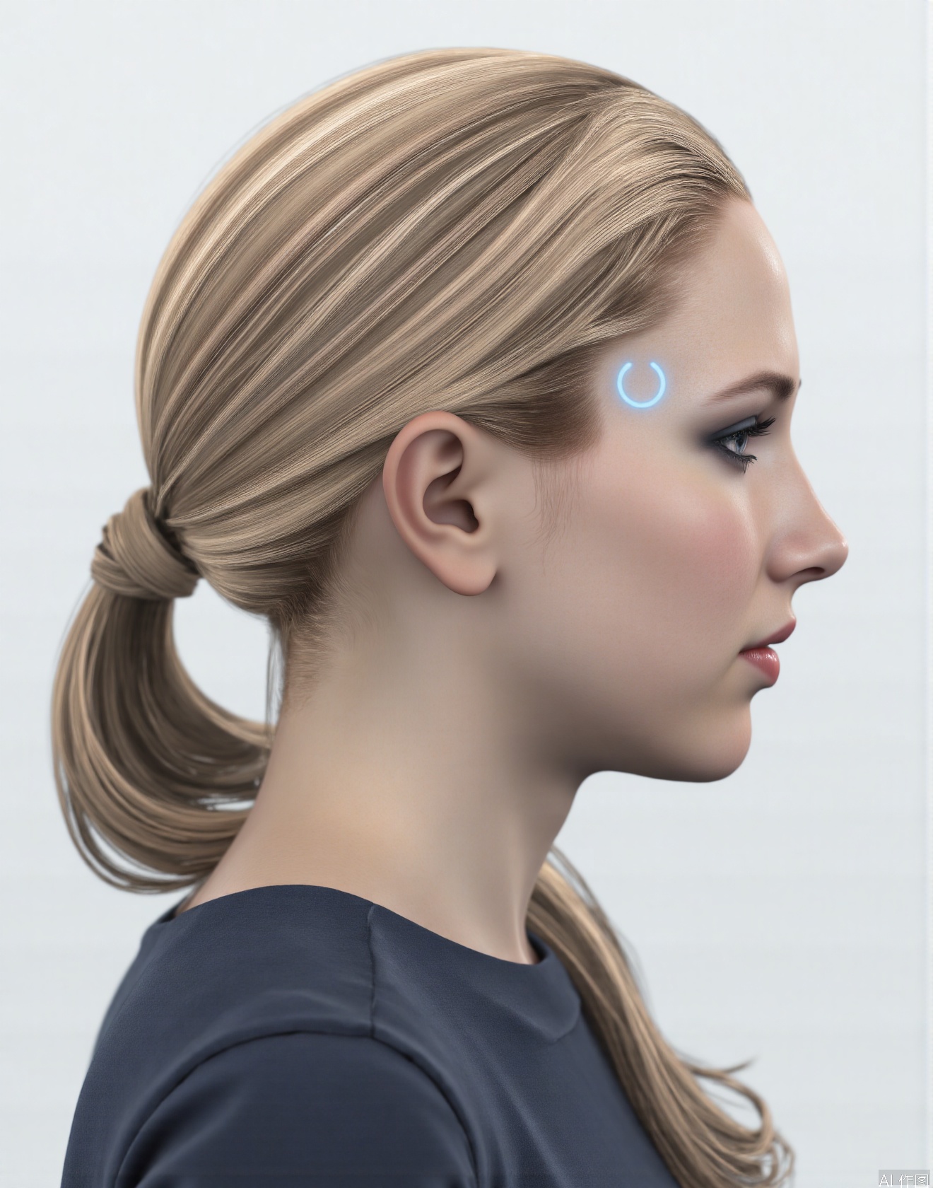 This is Chloe. She has a neatly - arranged golden ponytail with shiny hair. Her makeup is exquisite, with deep - set eyes and naturally - colored lips. There is a light - blue circular switch button on her left temple, exuding a sense of technology.,Biomimetic robot,DTL,there is a light blue circular button em