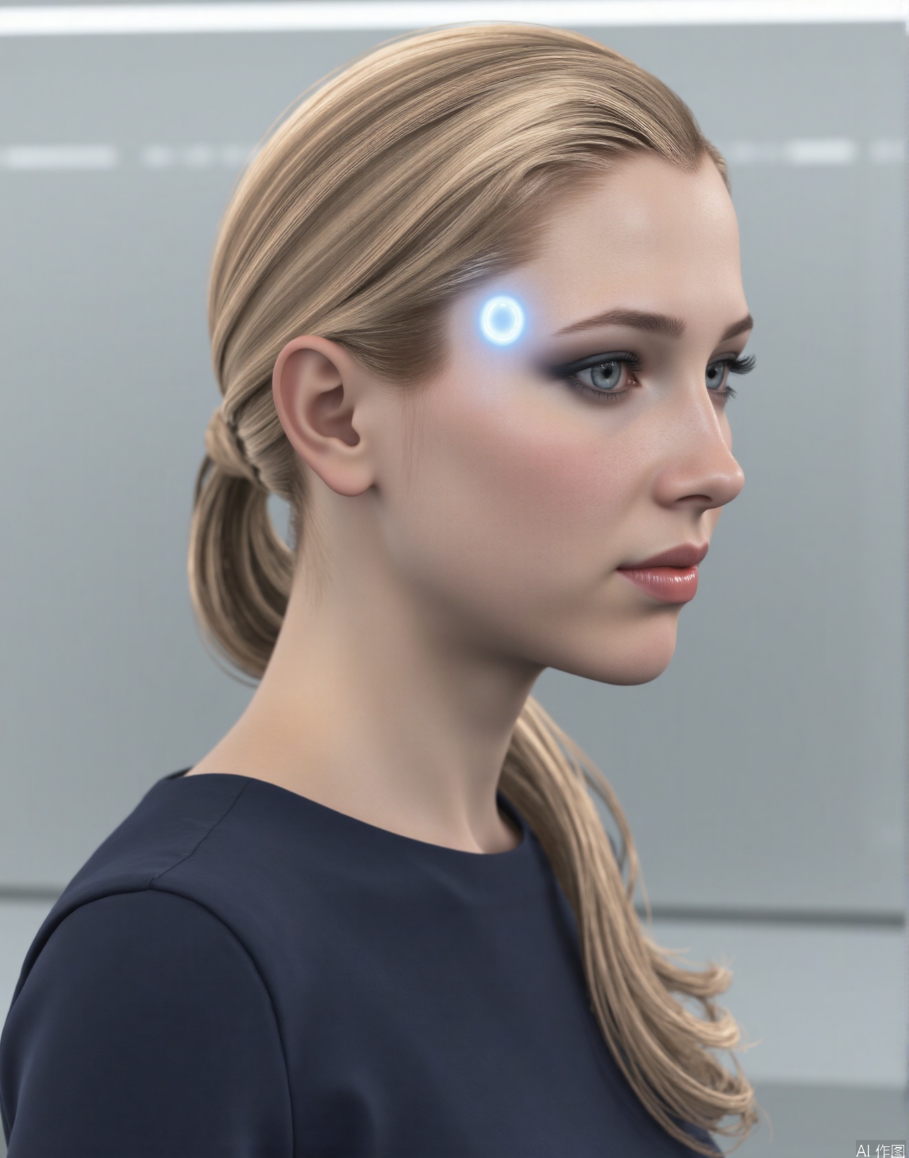 This is Chloe. She has a neatly - arranged golden ponytail with shiny hair,light blue circular button,Her makeup is exquisite, with deep - set eyes and naturally - colored lips. There is a light - blue circular switch button on her left temple, exuding a sense of technology.,Biomimetic robot,DTL,looking_at_viewer,there is a light blue circular button emitting light on the right eyebrow of the bionic human,The button is located at the temple, that is between the eyebrow and the edge of the hair,