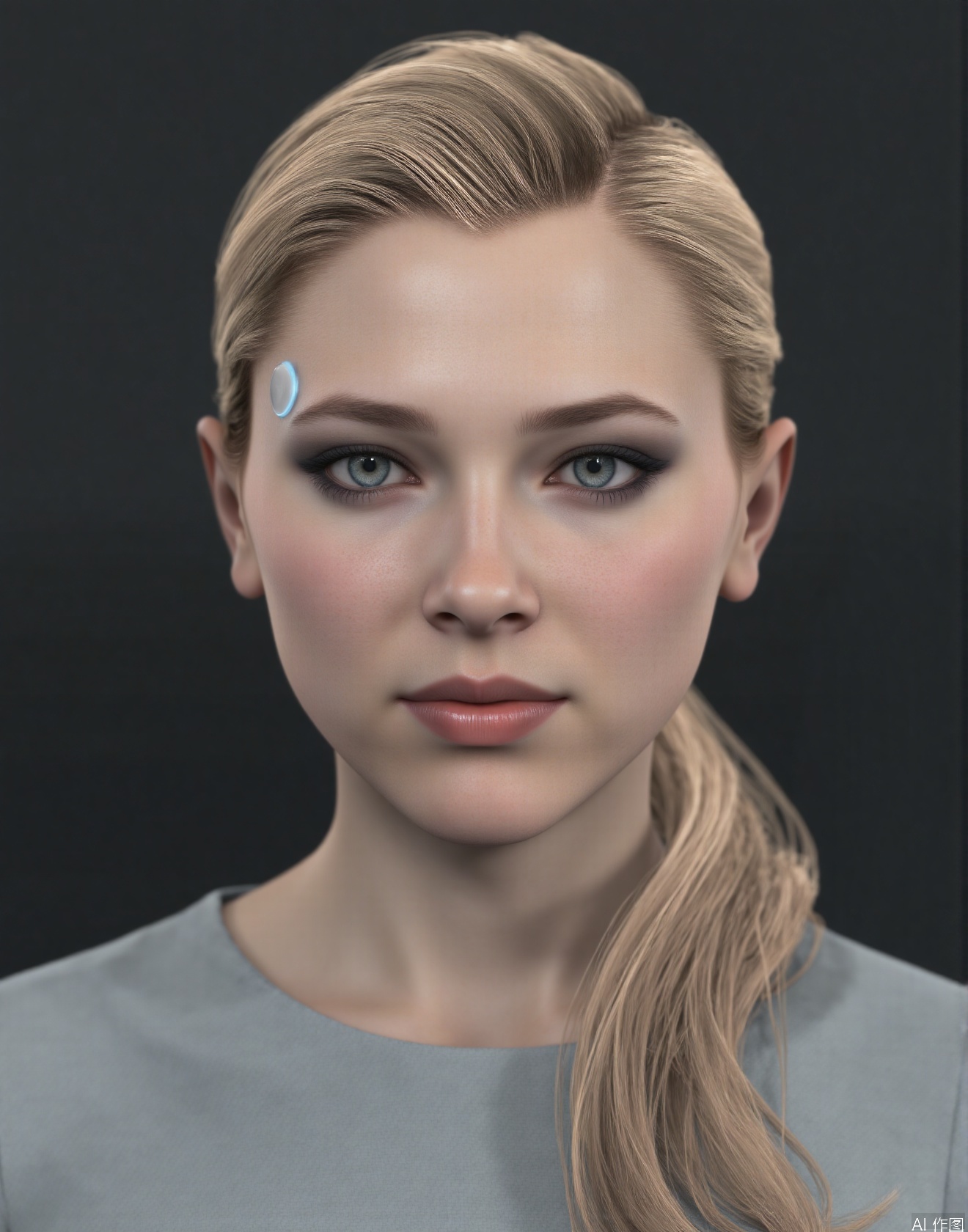 This is Chloe. She has a neatly - arranged golden ponytail with shiny hair,light blue circular button,Her makeup is exquisite, with deep - set eyes and naturally - colored lips. There is a light - blue circular switch button on her left temple, exuding a sense of technology.,Biomimetic robot,DTL,looking_at_viewer,there is a light blue circular button emitting light on the right eyebrow of the bionic human,The button is located at the temple, that is between the eyebrow and the edge of the hair,