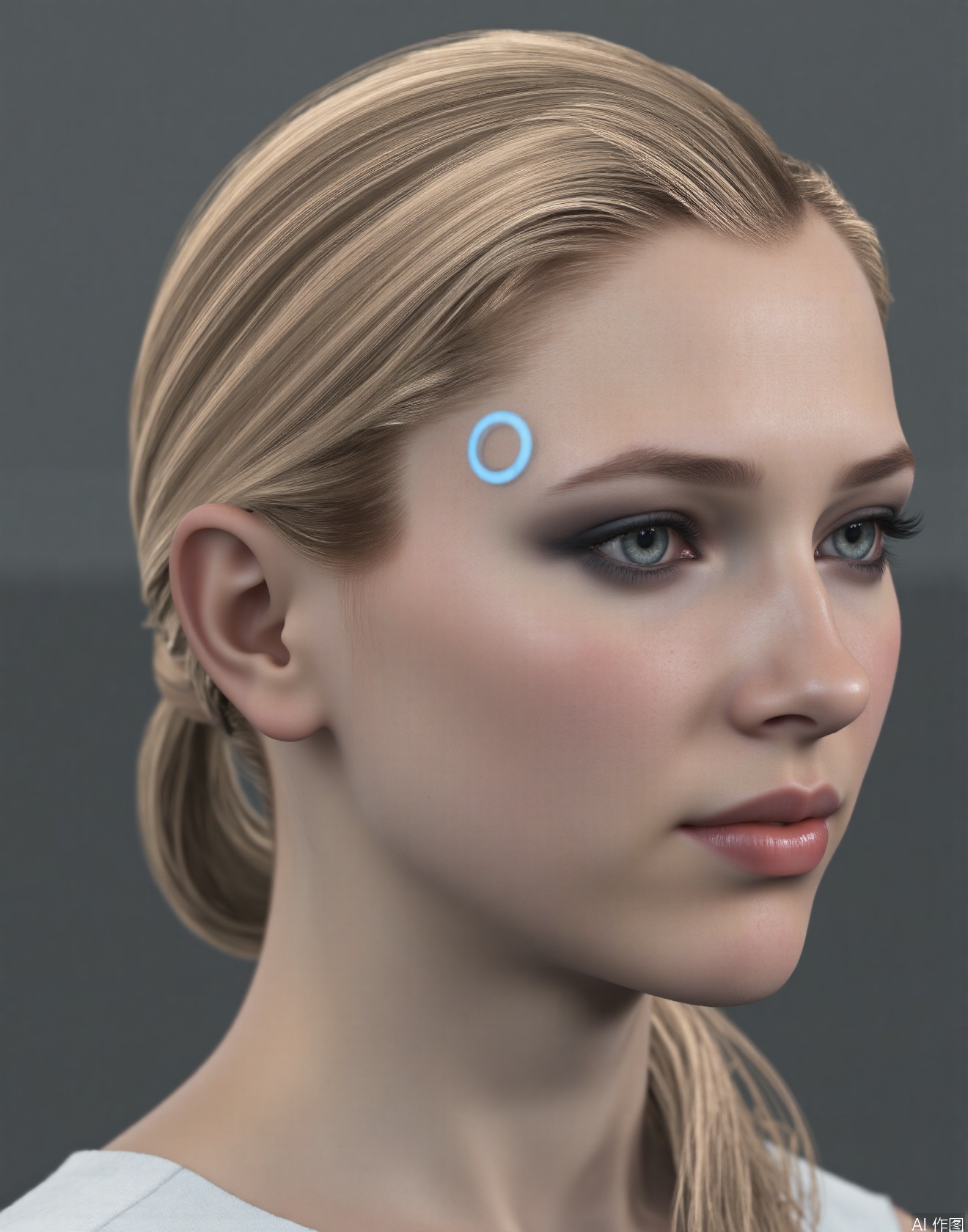 This is Chloe. She has a neatly - arranged golden ponytail with shiny hair,light blue circular button,Her makeup is exquisite, with deep - set eyes and naturally - colored lips. There is a light - blue circular switch button on her left temple, exuding a sense of technology.,Biomimetic robot,DTL,looking_at_viewer,there is a light blue circular button emitting light on the right eyebrow of the bionic human,The button is located at the temple, that is between the eyebrow and the edge of the hair,