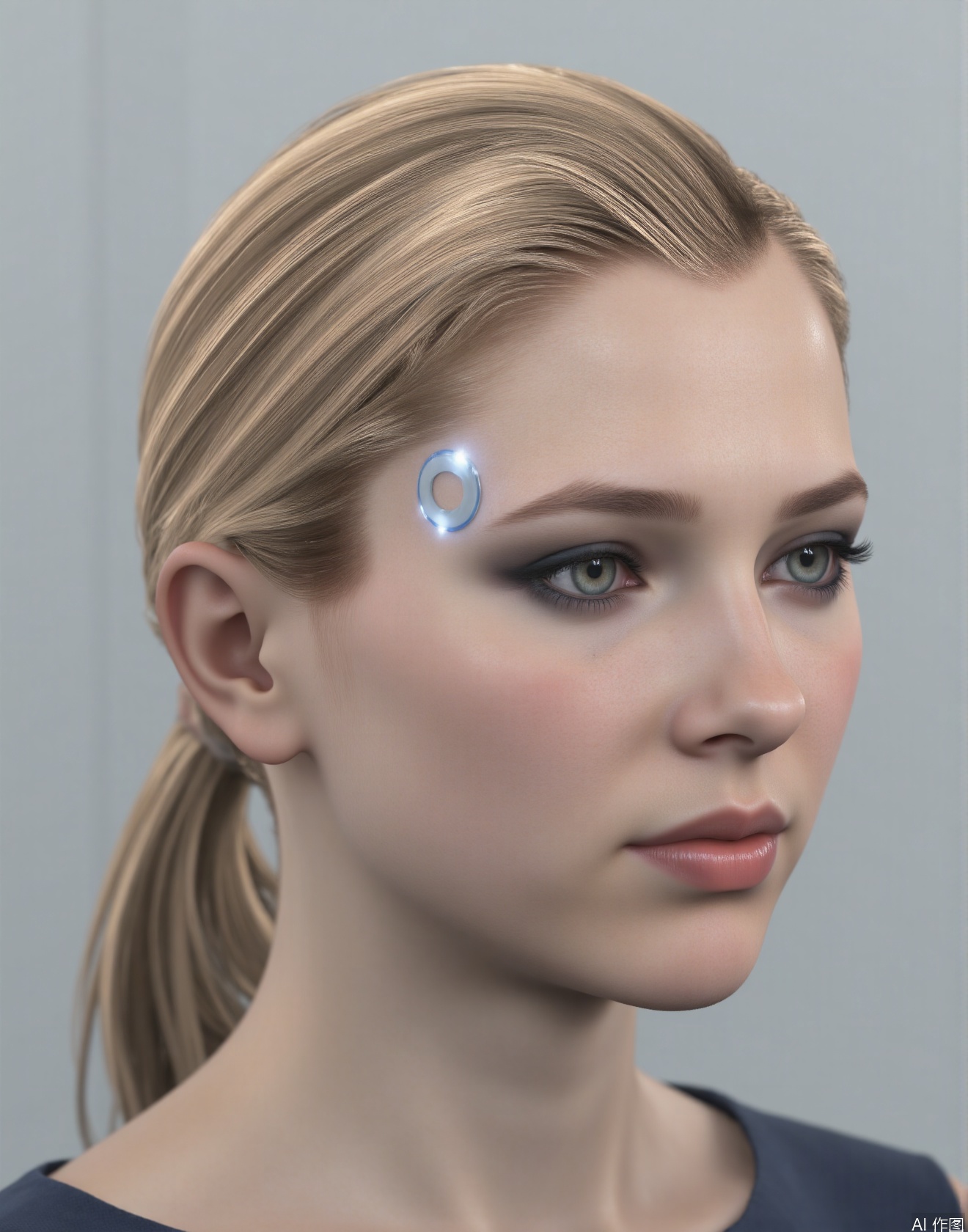 This is Chloe. She has a neatly - arranged golden ponytail with shiny hair,light blue circular button,Her makeup is exquisite, with deep - set eyes and naturally - colored lips. There is a light - blue circular switch button on her left temple, exuding a sense of technology.,Biomimetic robot,DTL,looking_at_viewer,there is a light blue circular button emitting light on the right eyebrow of the bionic human,The button is located at the temple, that is between the eyebrow and the edge of the hair,