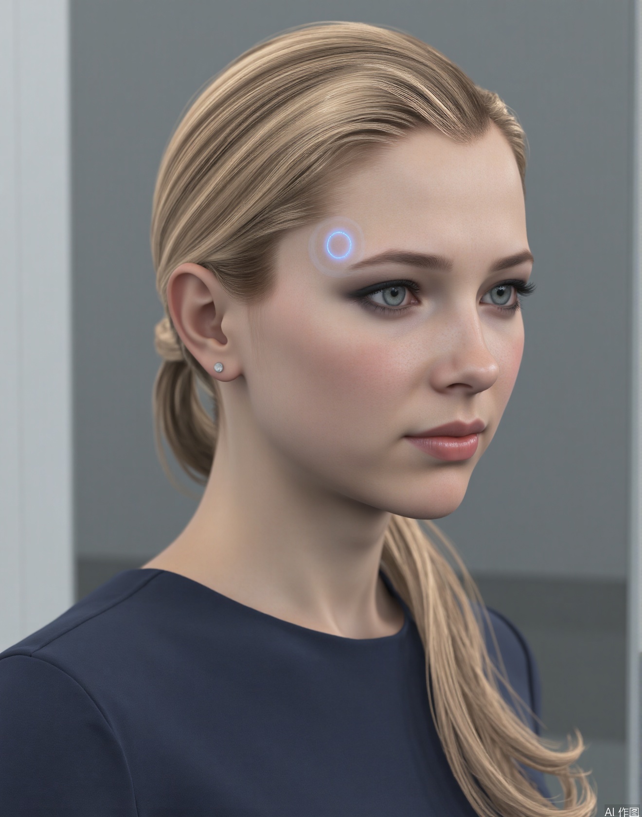 This is Chloe. She has a neatly - arranged golden ponytail with shiny hair,light blue circular button,Her makeup is exquisite, with deep - set eyes and naturally - colored lips. There is a light - blue circular switch button on her left temple, exuding a sense of technology.,Biomimetic robot,DTL,looking_at_viewer,there is a light blue circular button emitting light on the right eyebrow of the bionic human,The button is located at the temple, that is between the eyebrow and the edge of the hair,