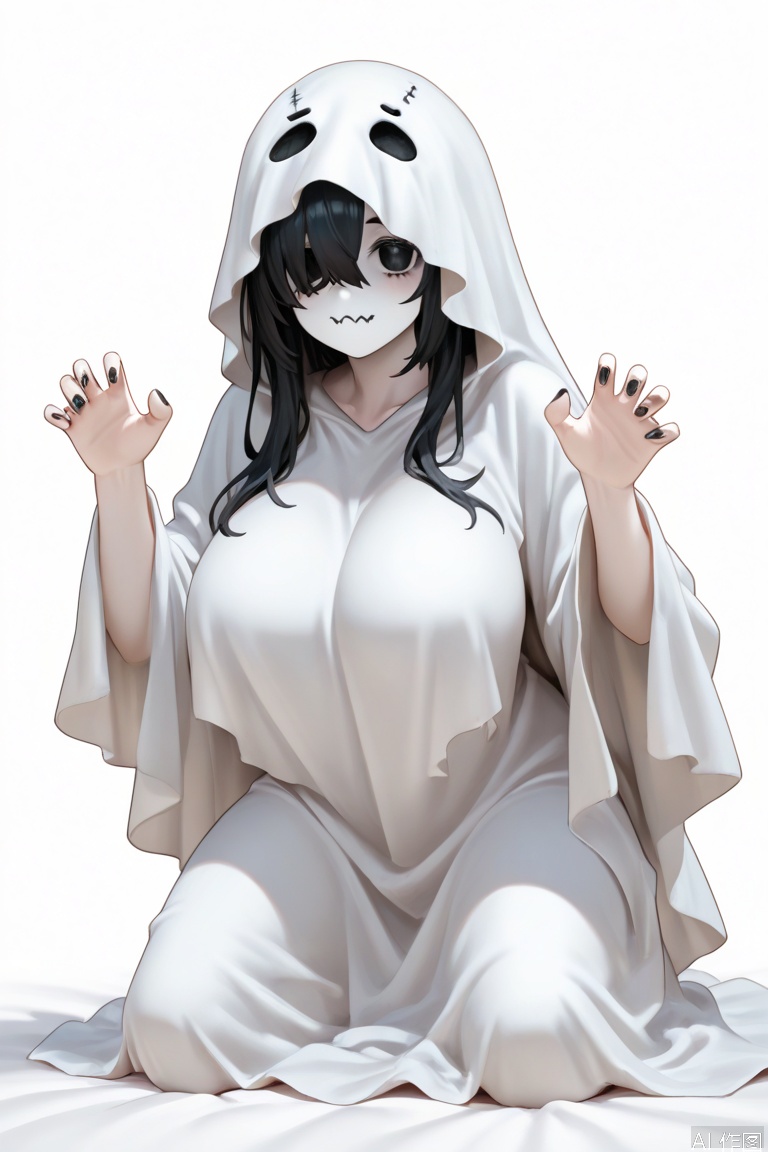 sheet ghost,solo,ghost costume,1girl,white background,claw_pose,big breasts,black nails,kneeling,