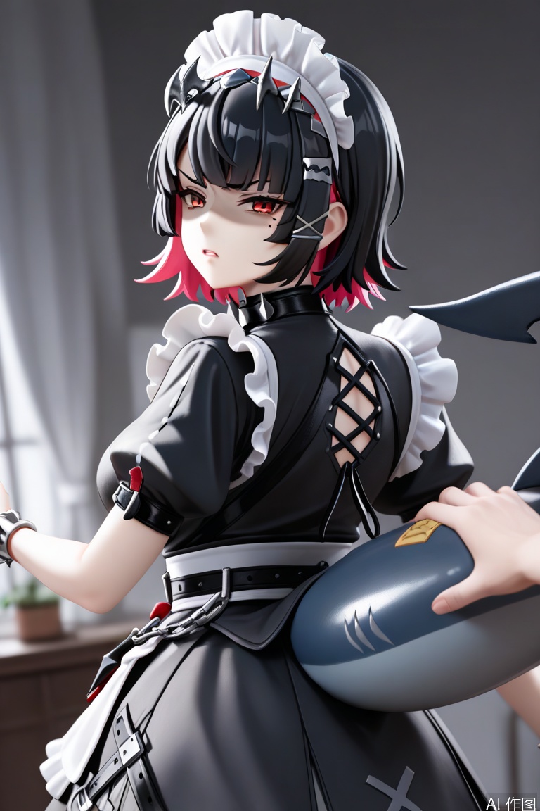 1girl, ellen joe, masterpiece, x hair ornament, spikes, two-tone hair, looking back, maid headdress, apron, metal hairband, black dress, maid apron, red eyes, colored inner hair, black hair, hairclip, short hair, pink hair, multicolored hair, mole under eye, spiked hairband, disgust, shark tail, shaded face, from behind, pov, touch tail,