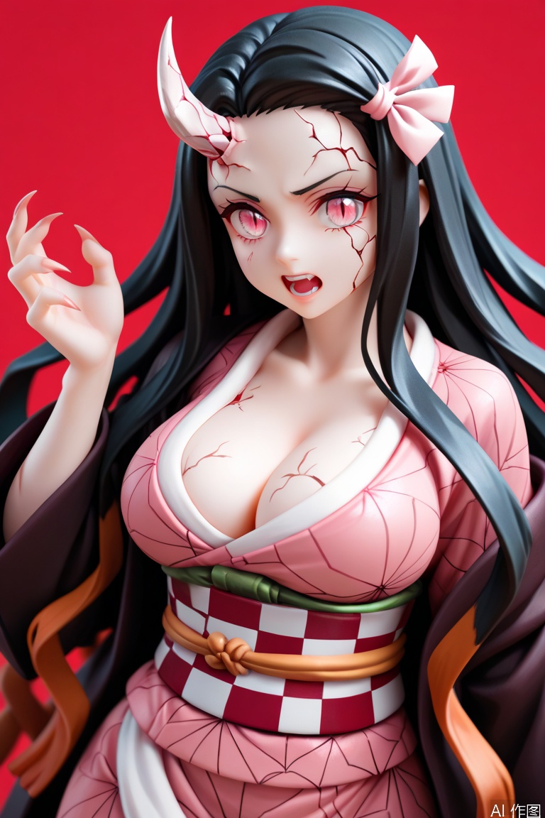 1girl,solo,kamado nezuko,long hair,cracked skin,breasts,veins,horns,slit pupils,cleavage,black hair,single horn,japanese clothes,sharp fingernails,kimono,fingernails,looking at viewer,red background,sash,teeth,obi,open mouth,large breasts,ribbon,very long hair,pink kimono,multicolored hair,hair ribbon,pink eyes,simple background,