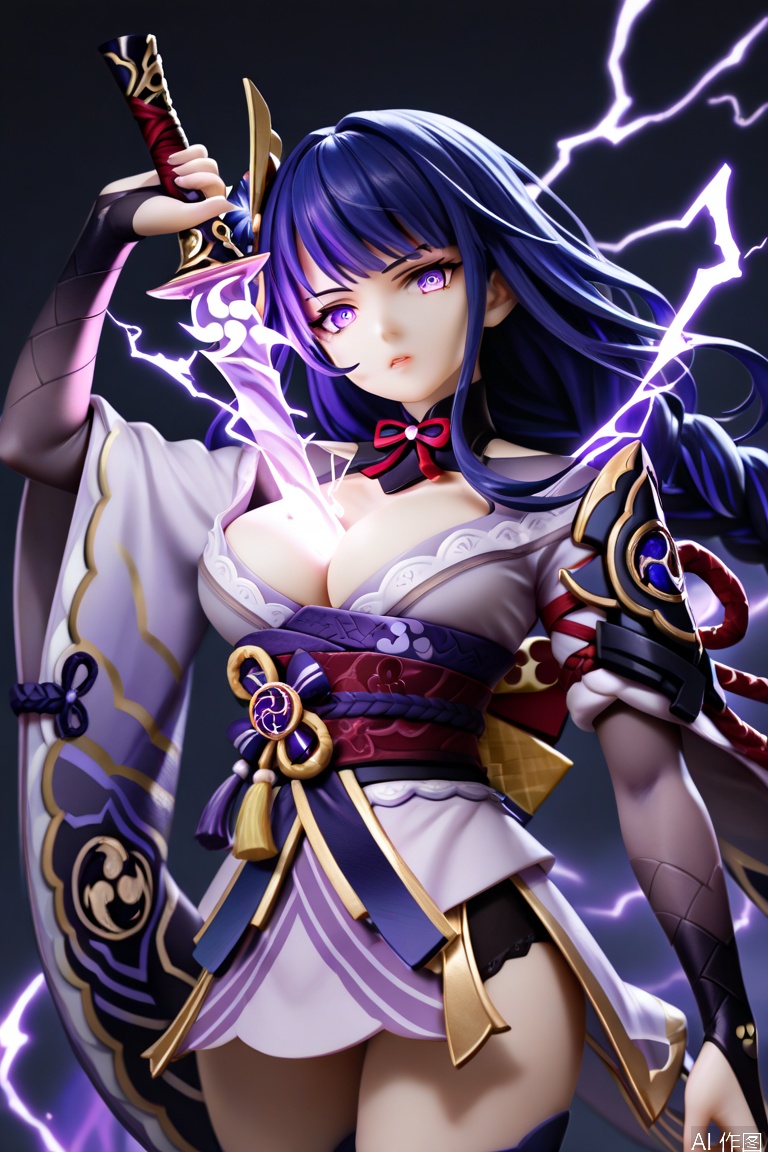 cowboy shot, 1girl, raiden shogun, holding sword,between breasts, head tilt, serious, hand up, looking at viewer, parted lips, wind, dark background, electricity, sparks,