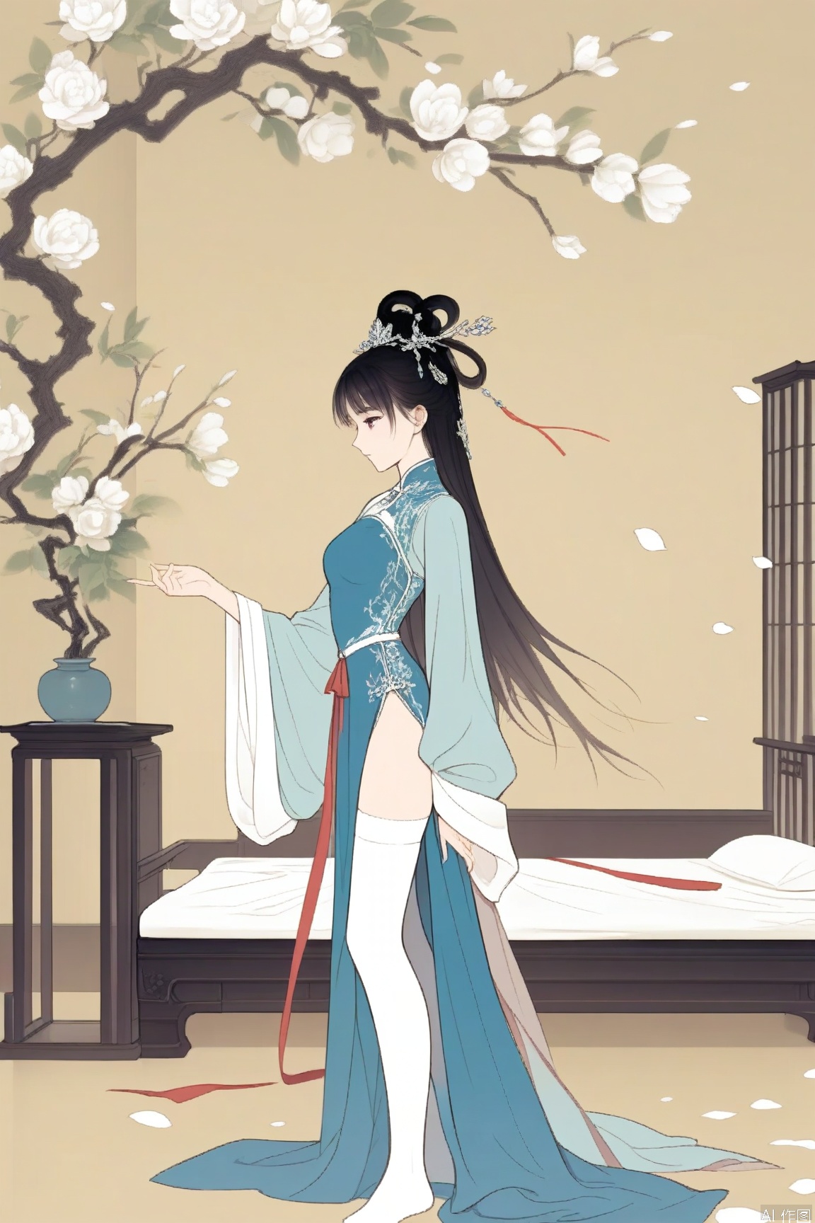 xichun,masterpiece,best quality,1girl, solo, black hair, hair ornament, long sleeves, dress, standing,  flower, petals, chinese clothes, plant, white flower,dress, branch,indoors,bed,shinv,thighhighs