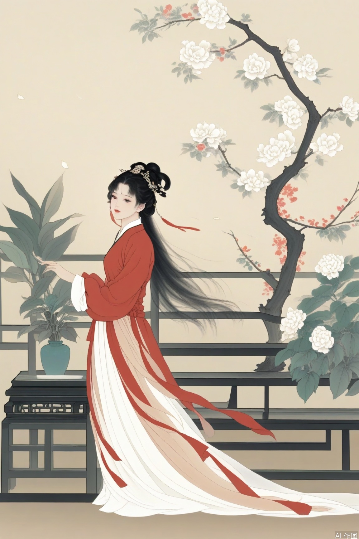 xichun,masterpiece,best quality,1girl, solo, black hair, hair ornament, long sleeves, dress, standing,  flower, petals, chinese clothes, plant, white flower, red dress, branch,indoors,bed,shinv