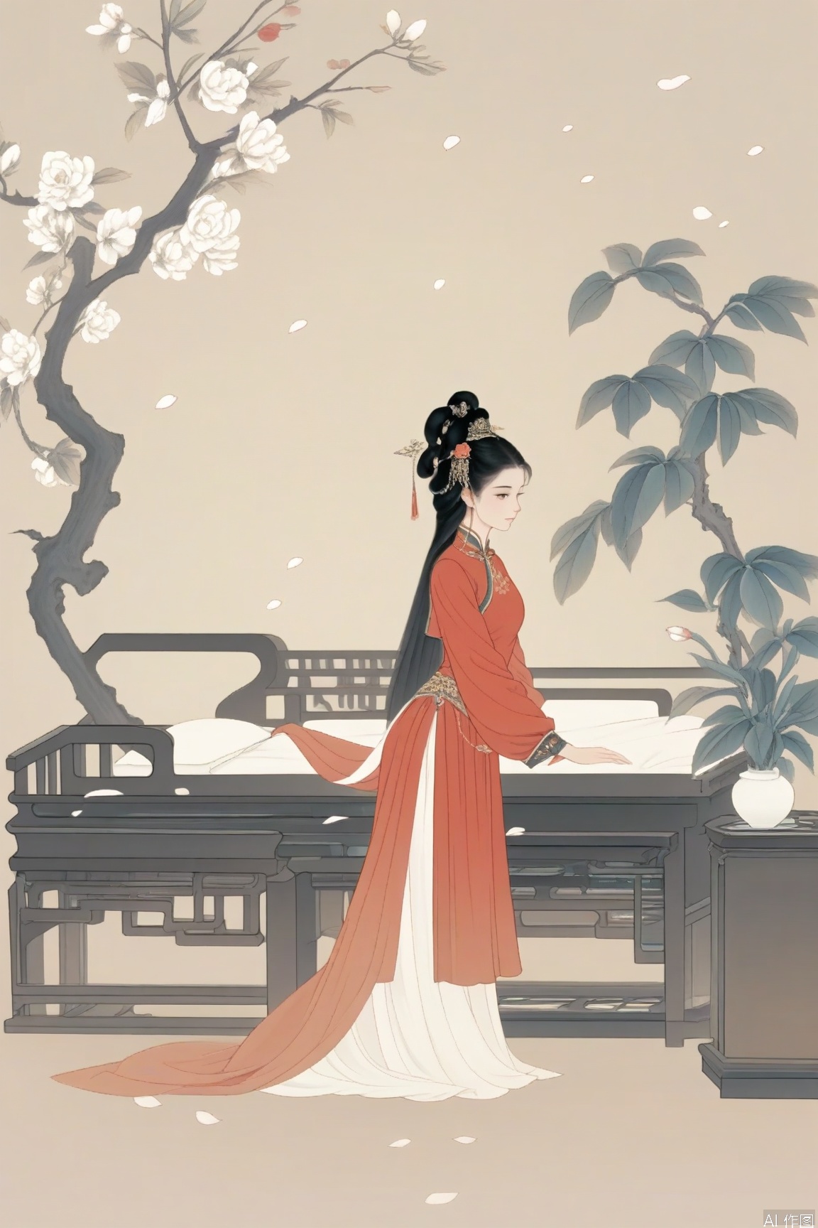 xichun,masterpiece,best quality,1girl, solo, black hair, hair ornament, long sleeves, dress, standing,  flower, petals, chinese clothes, plant, white flower, red dress, branch,indoors,bed,shinv