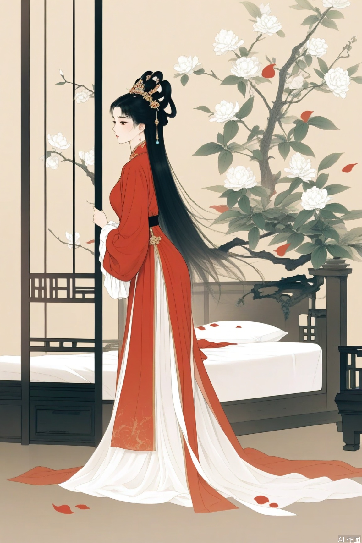 xichun,masterpiece,best quality,1girl, solo, black hair, hair ornament, long sleeves, dress, standing,  flower, petals, chinese clothes, plant, white flower, red dress, branch,indoors,bed,shinv