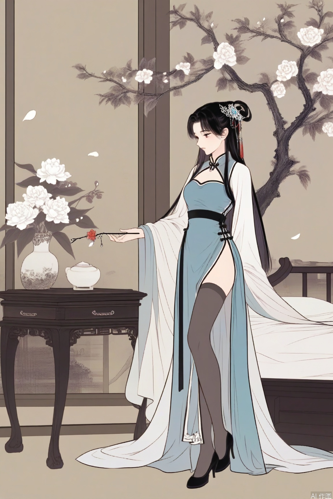 xichun,masterpiece,best quality,1girl, solo, black hair, hair ornament, long sleeves, dress, standing,  flower, petals, chinese clothes, plant, white flower,dress, branch,indoors,bed,shinv,thighhighs