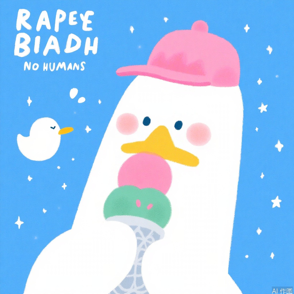 solo, blush, hat, food, artist name, english text, no humans, sparkle, bird, animal, blue background, baseball cap, ice cream, pink headwear, animal focus, ice cream cone, duck