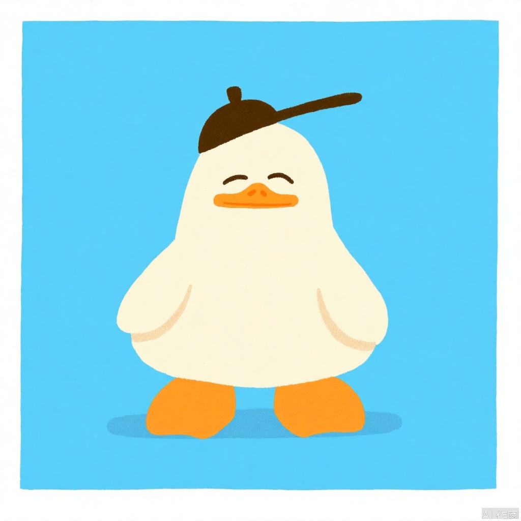 solo, smile, hat, standing, closed eyes, no humans, bird, animal, blue background, border, baseball cap, white border, animal focus, duck