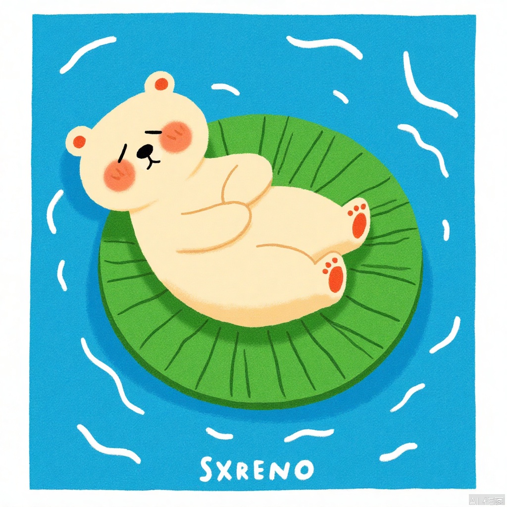 holding, closed eyes, lying, artist name, on back, water, no humans, animal, border, white border, animal focus, ripples, bear, afloat, lily pad
