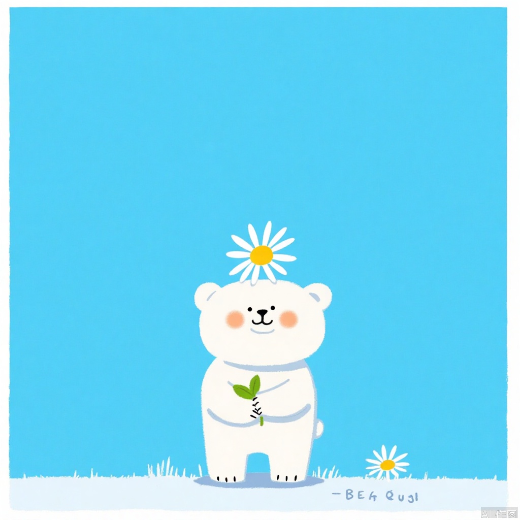 simple background, standing, flower, no humans, animal, blue background, border, white flower, white border, animal focus, bear, daisy, dandelion, polar bear
