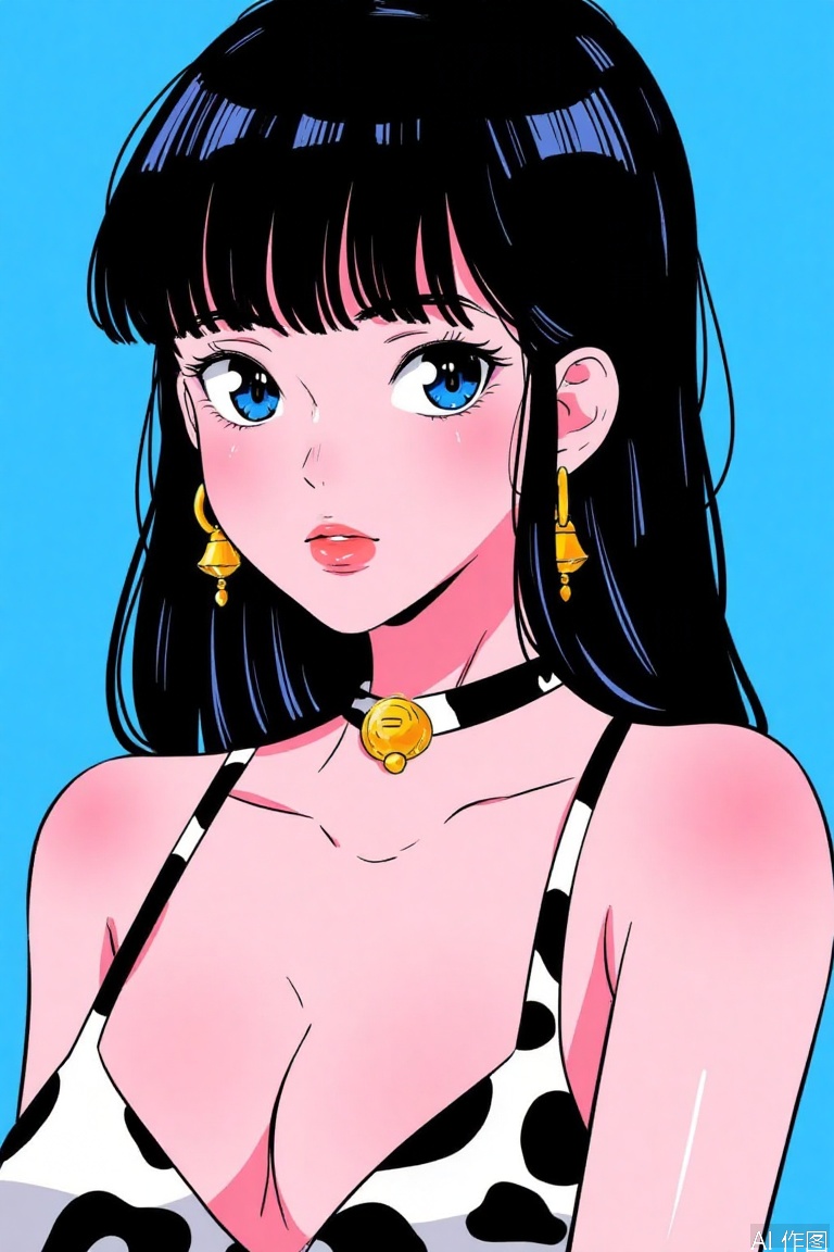 1girl, solo, long hair, breasts, looking at viewer, bangs, blue eyes, simple background, black hair, cleavage, jewelry, swimsuit, upper body, bikini, earrings, collar, bell, blue background, piercing, animal print, cow print
