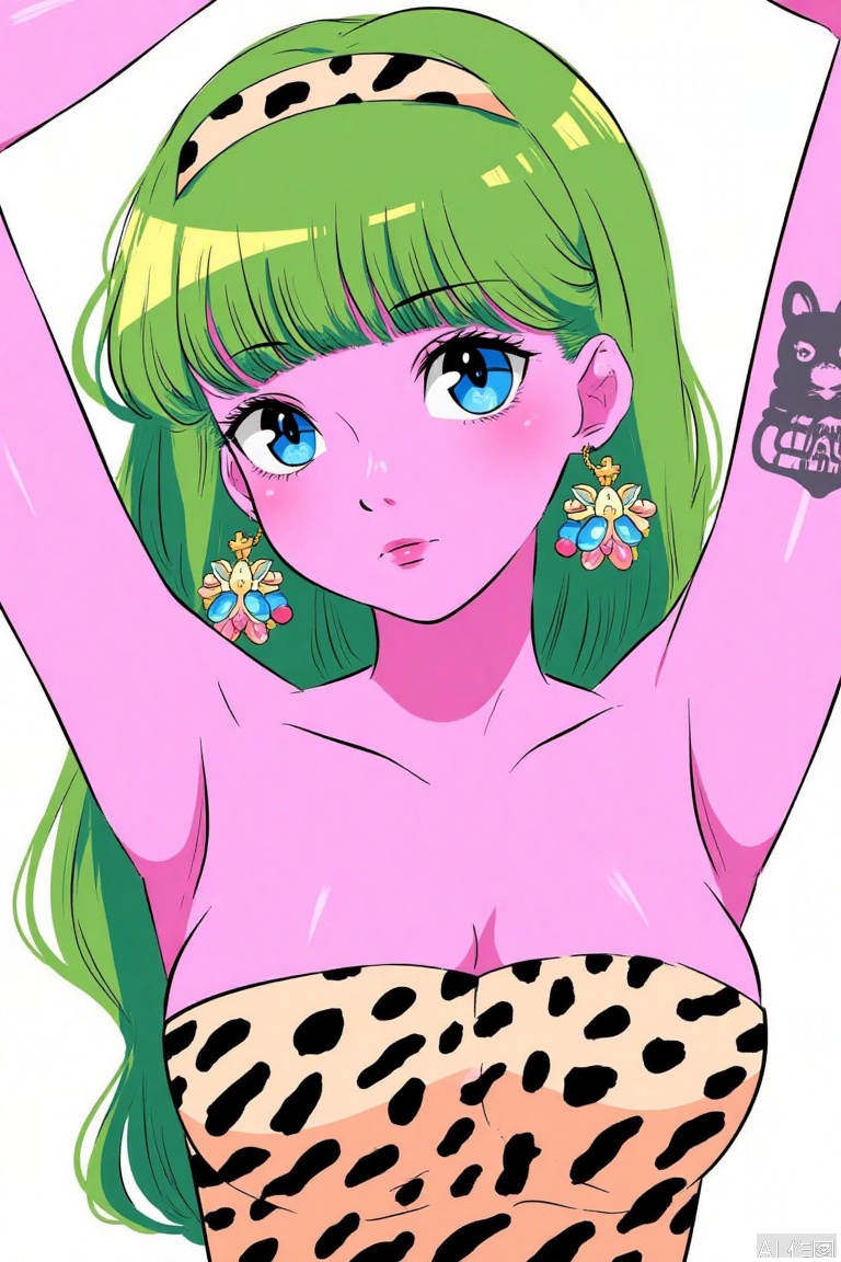 1girl, solo, long hair, breasts, looking at viewer, bangs, blue eyes, cleavage, bare shoulders, jewelry, upper body, hairband, earrings, green hair, blunt bangs, armpits, arms up, strapless, tattoo, colored skin, animal print, pink skin