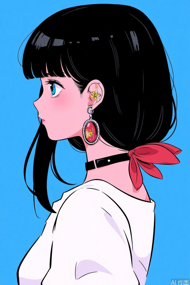 1girl, solo, long hair, bangs, blue eyes, simple background, shirt, black hair, jewelry, upper body, short sleeves, earrings, choker, puffy sleeves, white dress, two side up, profile, blue background, piercing, bug, crescent, butterfly, ear piercing