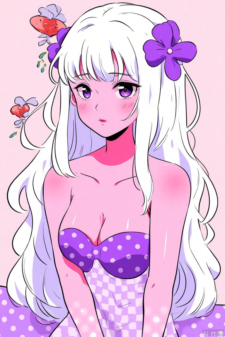 1girl, solo, long hair, breasts, bangs, cleavage, upper body, purple hair, flower, white hair, multicolored hair, food, fruit, colored skin, leaf, polka dot, plant, strawberry, pink skin