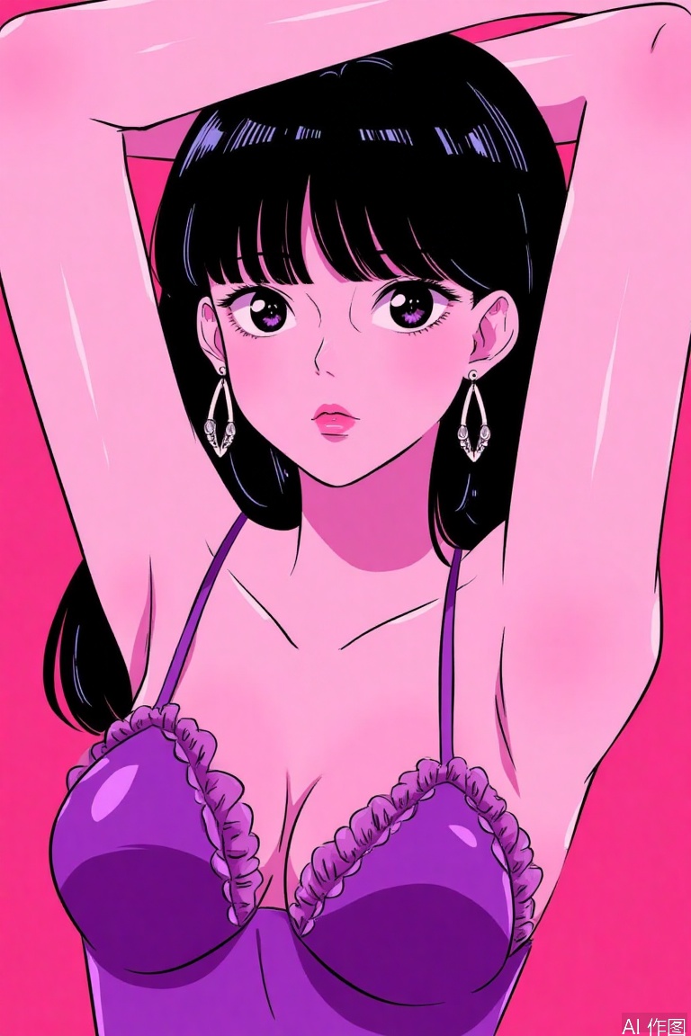 1girl, solo, long hair, breasts, looking at viewer, bangs, simple background, black hair, dress, cleavage, jewelry, upper body, earrings, small breasts, parted lips, sleeveless, armpits, black eyes, arms up, pink background