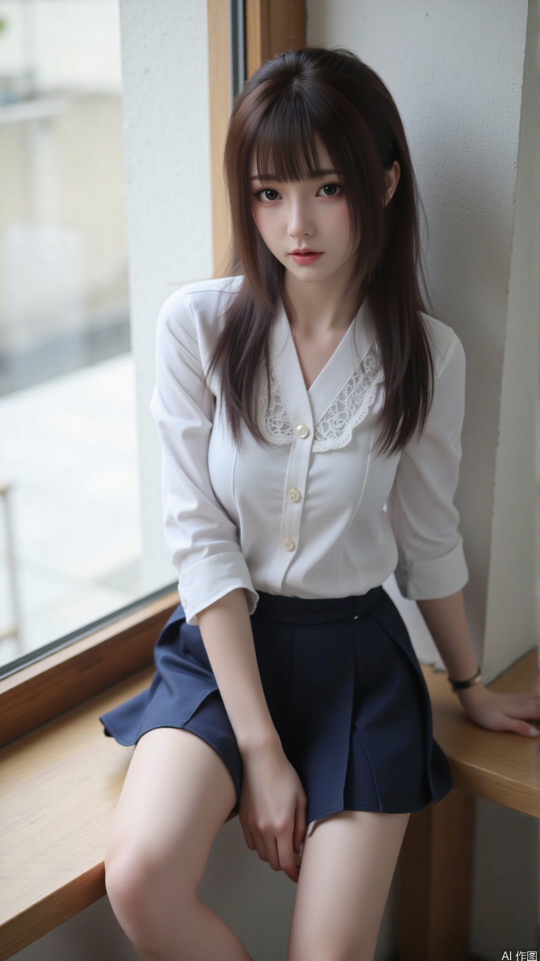 This photo captures a poised Asian girl with an elegant presence. Her hair is long and straight, with subtle layers that add depth to her hairstyle. Her eyes are deep and thoughtful, reflecting a sense of maturity and grace. She's dressed in a school uniform, featuring a crisp white blouse with a delicate lace collar and a navy pleated skirt. Her thighs are partially visible as she sits gracefully on a windowsill, one leg bent and the other extended. The camera is positioned at a high angle, capturing her from above as she looks at the viewer, with the classroom window and a glimpse of the outside world in the background.