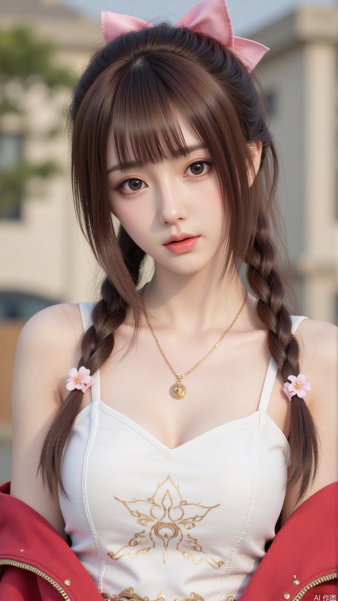 1girl,solo,jewelry,flower,hair flower,hair ornament,necklace,realistic,brown eyes,looking at viewer,dress,blurry background,twin braids,blurry,white dress,long hair,upper body,breasts,pink bow,red jacket,bare shoulders,lips,collarbone,outdoors,cleavage,large natural breast,soft breasts,huge Breasts