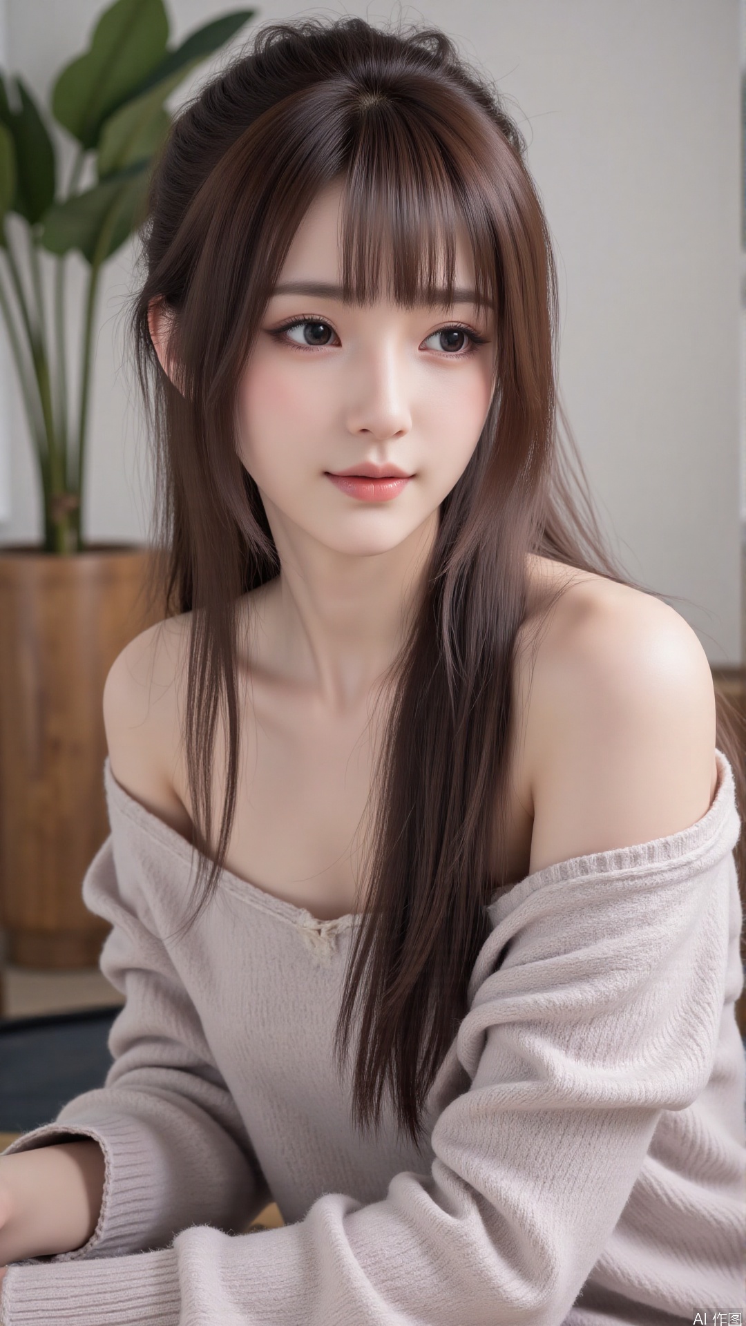 1girl, solo, long hair, looking at viewer, smile, sitting, collarbone, off shoulder, sweater, messy hair, realistic