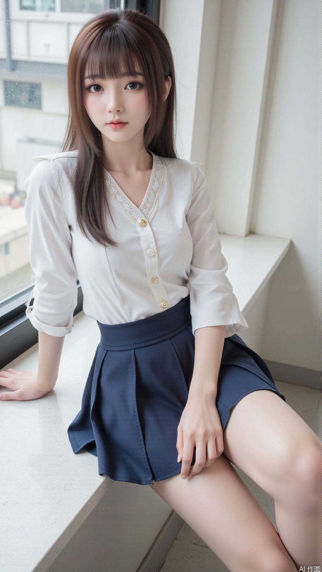 This photo captures a poised Asian girl with an elegant presence. Her hair is long and straight, with subtle layers that add depth to her hairstyle. Her eyes are deep and thoughtful, reflecting a sense of maturity and grace. She's dressed in a school uniform, featuring a crisp white blouse with a delicate lace collar and a navy pleated skirt. Her thighs are partially visible as she sits gracefully on a windowsill, one leg bent and the other extended. The camera is positioned at a high angle, capturing her from above as she looks at the viewer, with the classroom window and a glimpse of the outside world in the background.