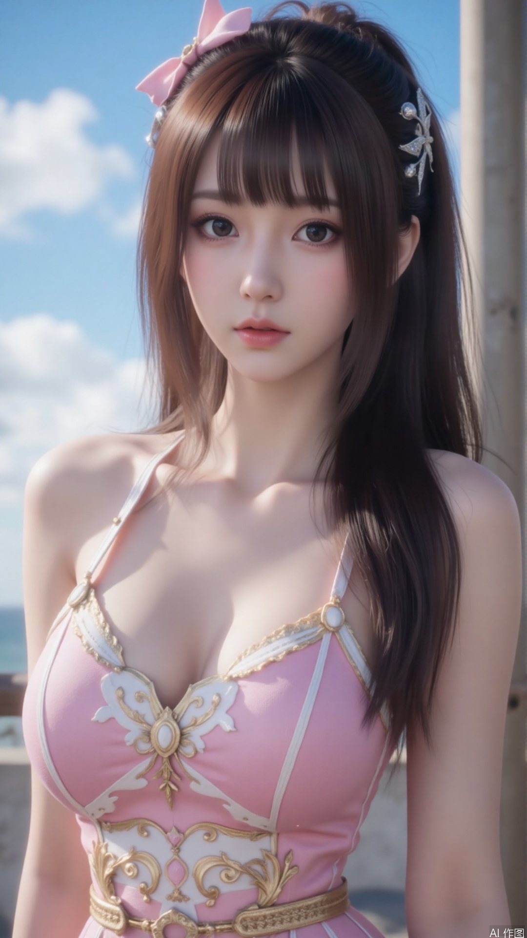 Very detailed face, extremely detailed eyes and face, blue eyes, (vacuum), 8K wallpaper, light leak, beautiful and detailed girl, extremely detailed CGUnity8K wallpaper, an extremely detailed and beautiful, beautiful and detailed eyes, masterpiece, best quality, Real photo level, (frontal shooting panoramic perspective), ( (Full body photo)), dynamic angle, dynamic pose, solo, ancient style silver hairpin with petals, blue sky and white clouds, (C cup), (huge round breasts), slender legs, super good figure, stunning beauty, (whole body in the mirror) , (wearing Lolita nightgown), (light reflects the shadow of the body through the clothes),vacuum,bare and smooth