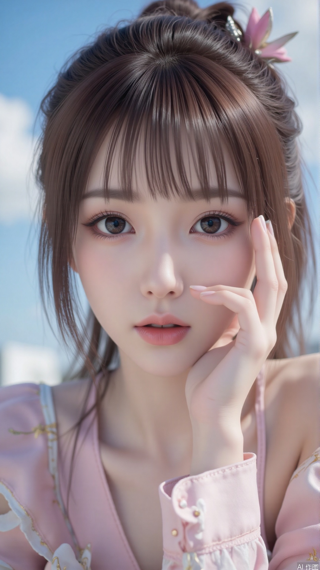 Very detailed face, extremely detailed eyes and face, blue eyes, (vacuum), 8K wallpaper, light leak, beautiful and detailed girl, extremely detailed CGUnity8K wallpaper, an extremely detailed and beautiful, beautiful and detailed eyes, masterpiece, best quality, Real photo level, (frontal shooting panoramic perspective), ( (Full body photo)), dynamic angle, dynamic pose, solo, ancient style silver hairpin with petals, blue sky and white clouds, (C cup), (huge round breasts), slender legs, super good figure, stunning beauty, (whole body in the mirror) , (wearing Lolita nightgown), (light reflects the shadow of the body through the clothes),vacuum,bare and smooth