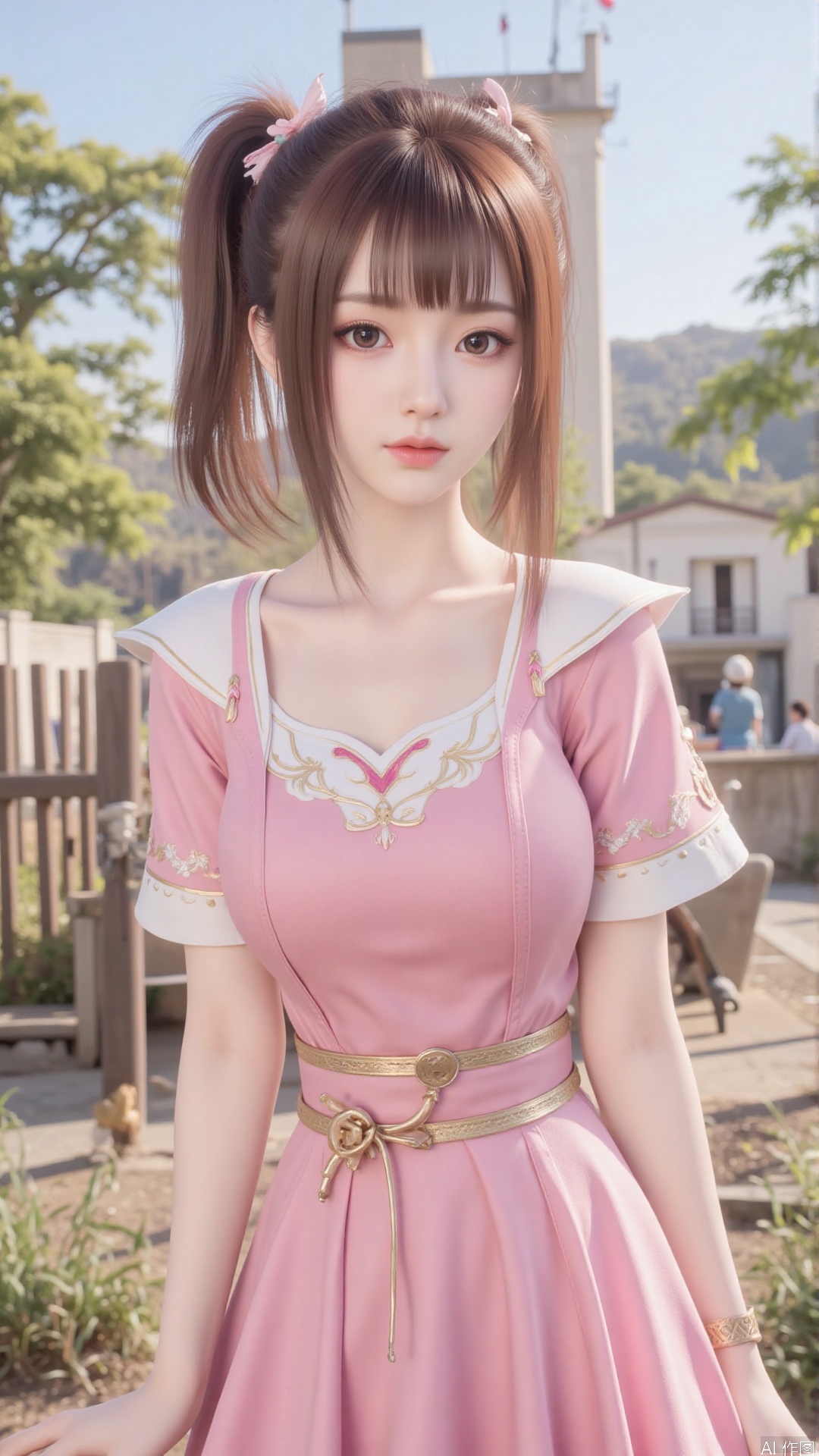 1girl, solo, brown hair, pink dress, ponytail, hair ornament, dress, looking at viewer, mischevious smile, perfect body, scenery, sharp focus, best quality, masterpiece, detailed outfit, illustration, perfect eyes, finely detailed beautiful anime eyes, realistic skin, intricate details, best lighting, depth of field, ultra high resolution,cowboy_shot