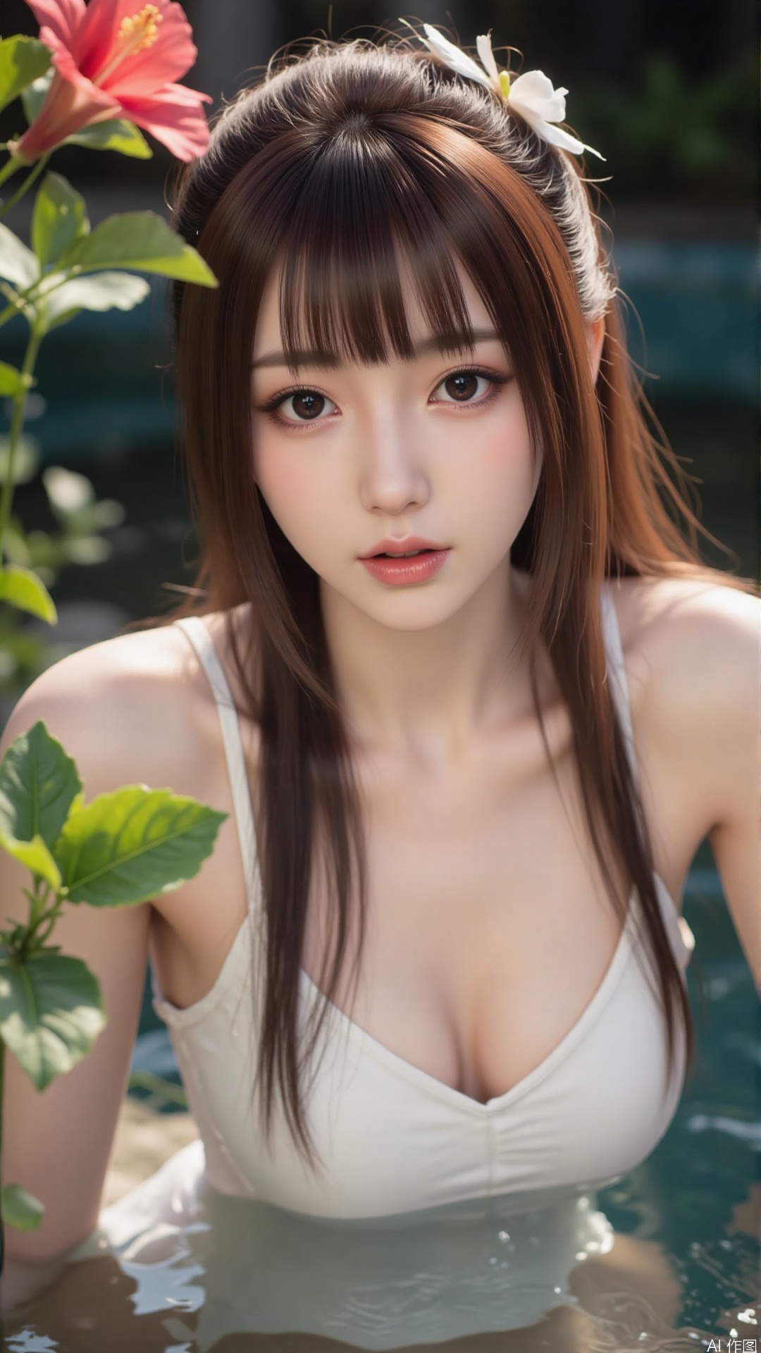 1girl, solo, long hair, breasts, looking at viewer, blush, open mouth, bangs, brown hair, hair ornament, dress, bare shoulders, brown eyes, medium breasts, collarbone, flower, parted lips, hair flower, water, white dress, sleeveless dress, leaf, plant, red flower, partially submerged, hibiscus
,backlighting,depth of field,cinematic lighting,light particles,lens flare, (artist:quasarcake:0.8),extreme aesthetic,(wlop:0.6),masterpiece,best quality,good quality,newest,very aesthetic,absurdres,Visual impact,A shot with tension, ultra-high resolution,32K UHD,sharp focus,best-quality,masterpiece,Emotionalization,unconventional supreme masterpiece,masterful details,temperate atmosphere,with a high-end texture,in the style of fashion photography, (alzi xiaomI:1.2),(mogumo:1.1),(good hands, nice hands:0.5),giving the poster a dynamic and visually striking appearance,impactful picture,offcial art,colorful,movie perspective, masterpiece,best quality,amazing quality,very aesthetic,absurdres,best quality,newest