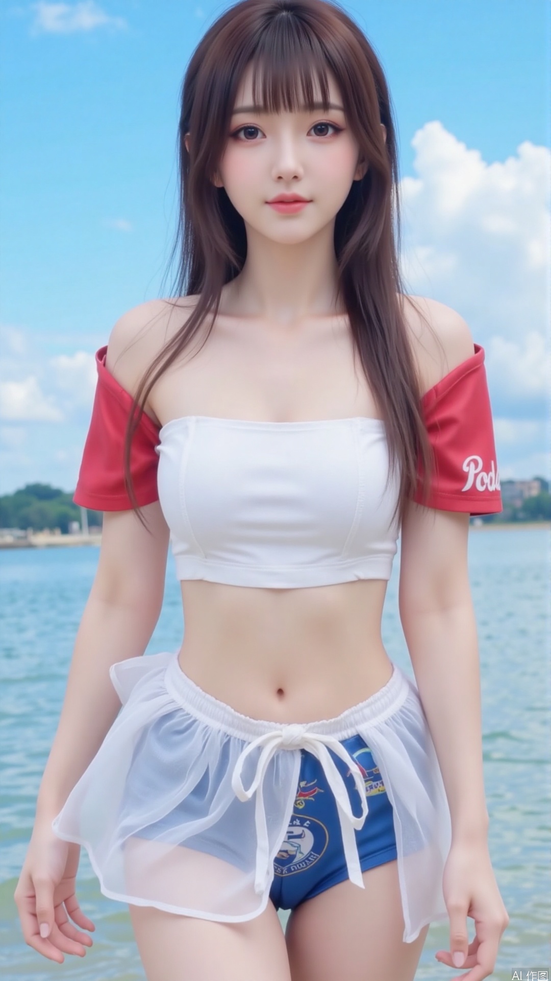 Korean girl, single, showing navel, long hair, thighs, wearing shirt, outdoors, looking at viewer, realistic style, with water and sky, daytime, fair thighs, white tube top, short top, sea, lips, blue sky, short sleeves, smile, clouds, dark eyes, big eyes Eyes, plump breasts, plump breasts, chest, looking at the audience, looking at the screen, bare shoulders, collarbone, standing in the sea, (((upper body red short-sleeved, short top)), (((wearing a translucent The white gauze skirt and blue swimming trunks with the school team logo)) were soaked in the water and were soaked.