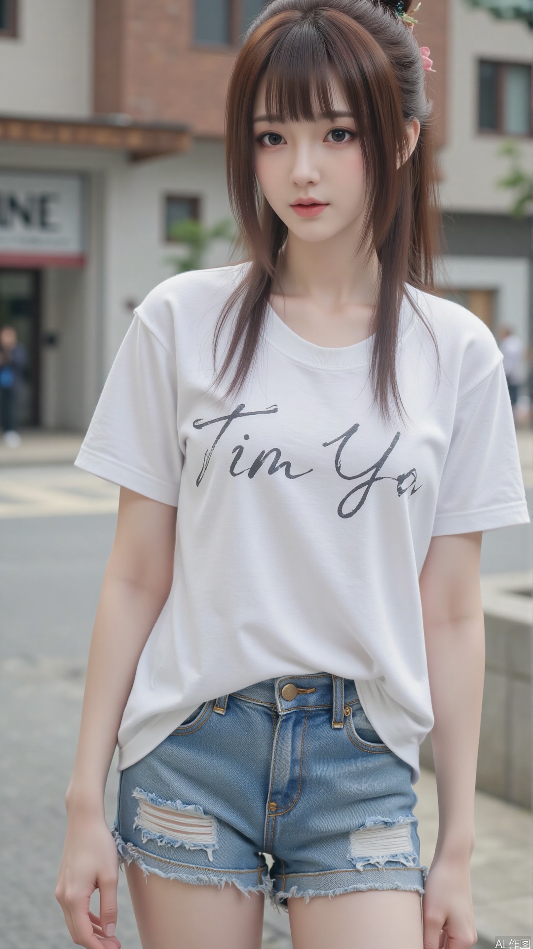 White t-shirt with ”Tim_Yi“ written on it, jeans shorts,1girl