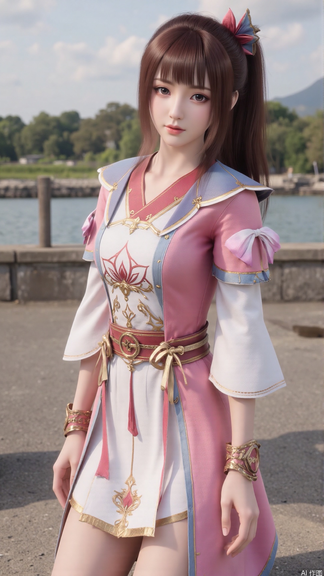 1girl, solo, brown hair, pink dress, ponytail, hair ornament, dress, looking at viewer, mischevious smile, perfect body, scenery, sharp focus, best quality, masterpiece, detailed outfit, illustration, perfect eyes, finely detailed beautiful anime eyes, realistic skin, intricate details, best lighting, depth of field, ultra high resolution,cowboy_shot