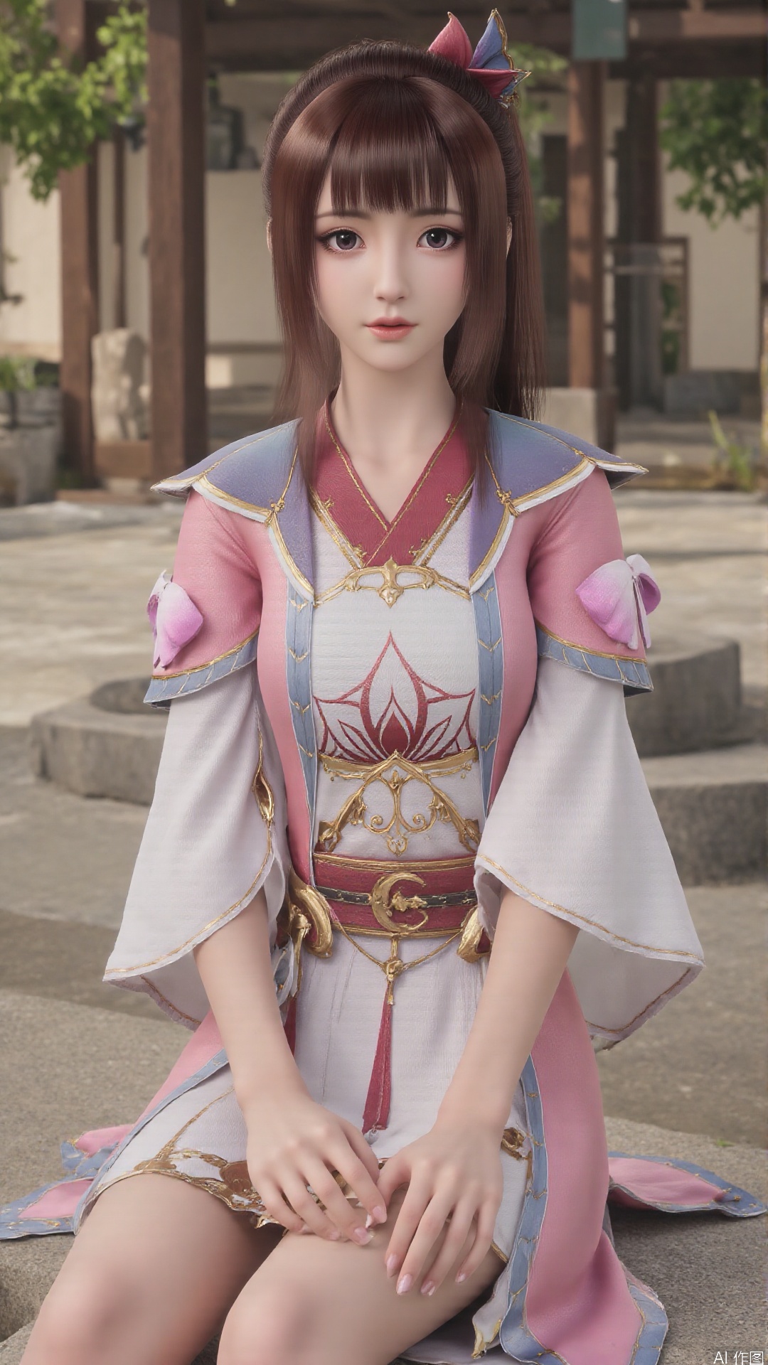 1girl, solo, brown hair, pink dress, ponytail, hair ornament, dress, looking at viewer, mischevious smile, perfect body, scenery, sharp focus, best quality, masterpiece, detailed outfit, illustration, perfect eyes, finely detailed beautiful anime eyes, realistic skin, intricate details, best lighting, depth of field, ultra high resolution,sitting